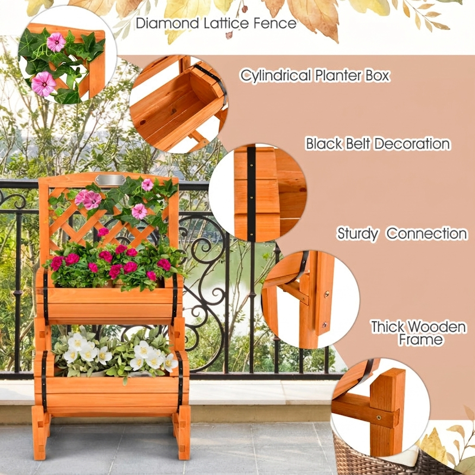 SUGIFT 2-Tier Raised Garden Bed with Cylindrical Planter Boxes and Trellis 22-lb Capacity Each Planter Box Orange