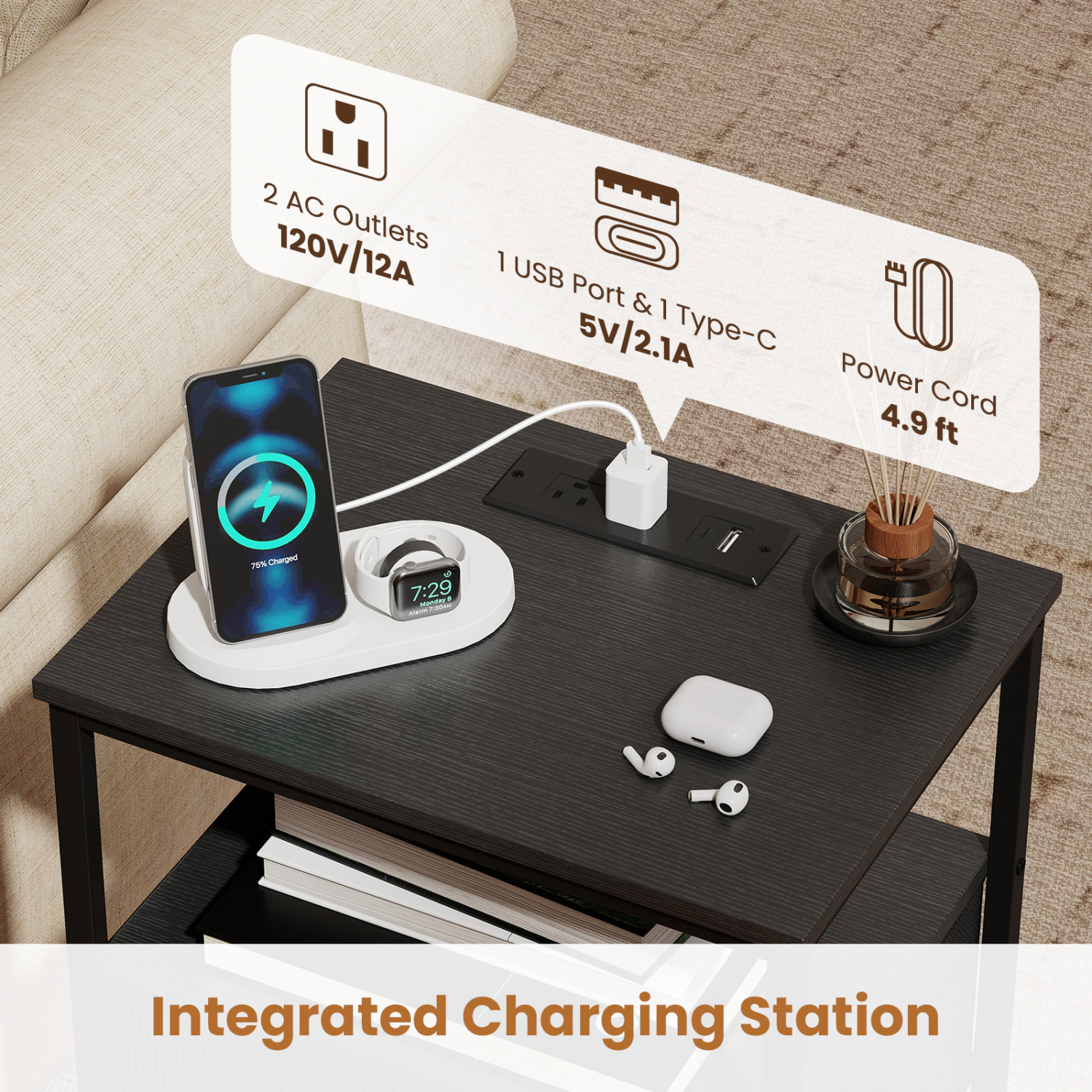 Hivvago Nightstand with Charging Station 24.5 inch Modern Bedside Table 2 Fabric Drawers