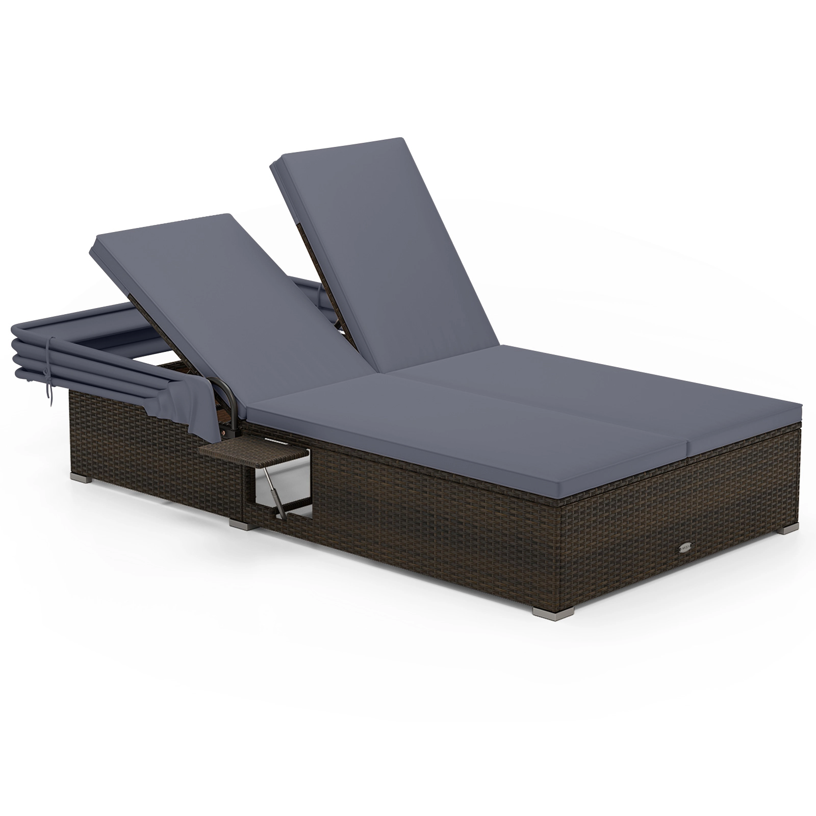 LJG Patio Double Chaise Lounge with Shade Cushions and Folding Side Trays