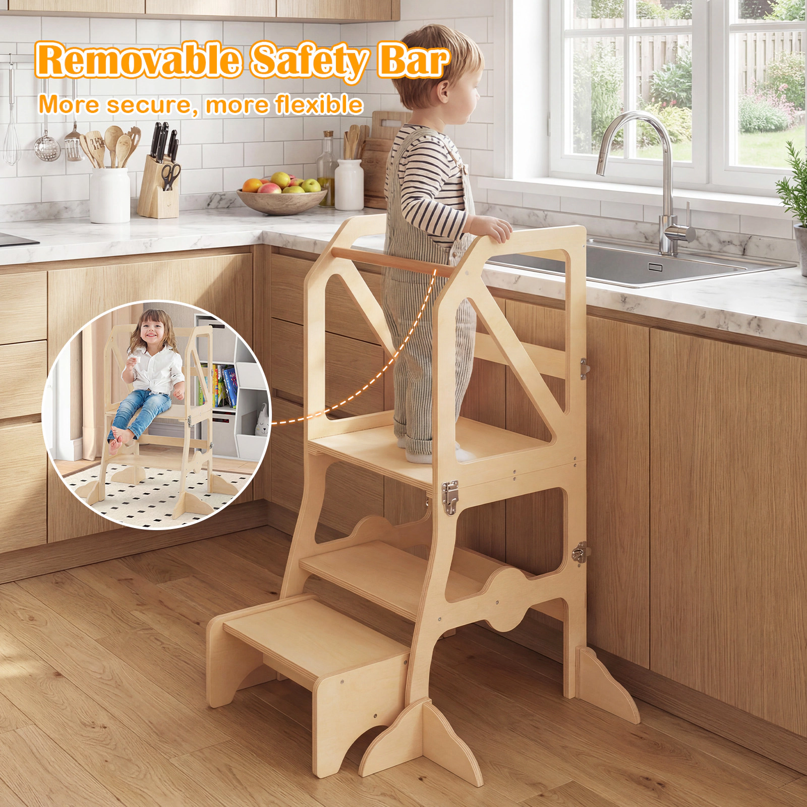 SUGIFT Multifunctional Kids Kitchen Step Stool Natural with Removable Safety Bar