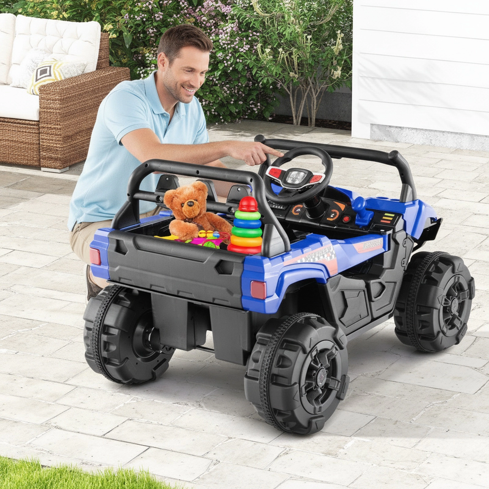 12V Kids Ride On Car Blue Electric Vehicle Parent Remote 3 Speeds Rear Storage Learning Sounds LED Lights Ages 3+