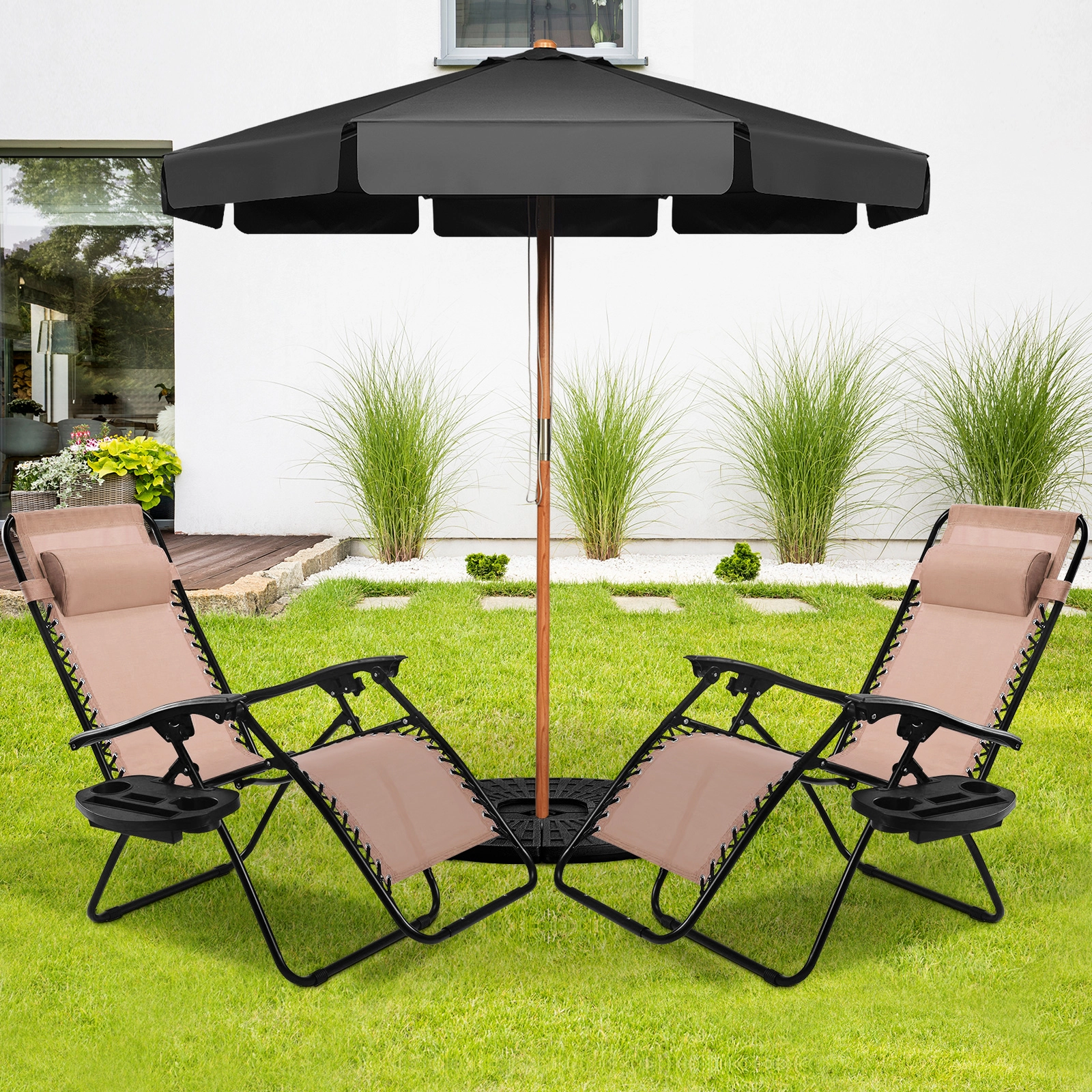 SUGIFT Set of 2 Removable Tray 0-160 Degree Recline Zero Gravity Lounge Chairs 57-in x 25-in 310-lb Capacity Beige