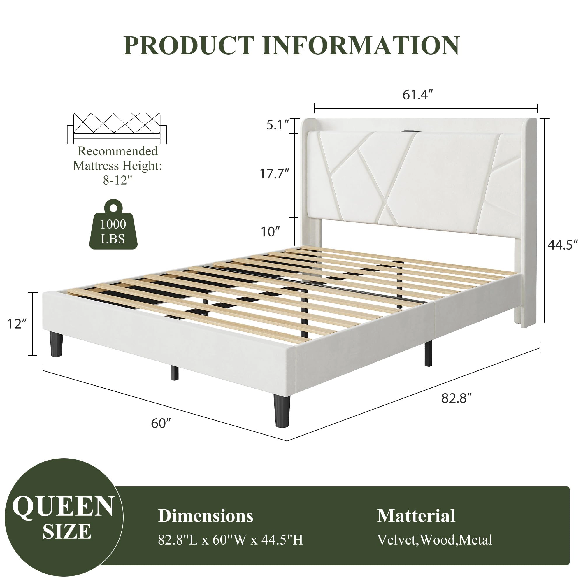 Velvet Upholstered Platform Bed with Wingback Storage Headboard, Charging Station, 12 Wood Slats