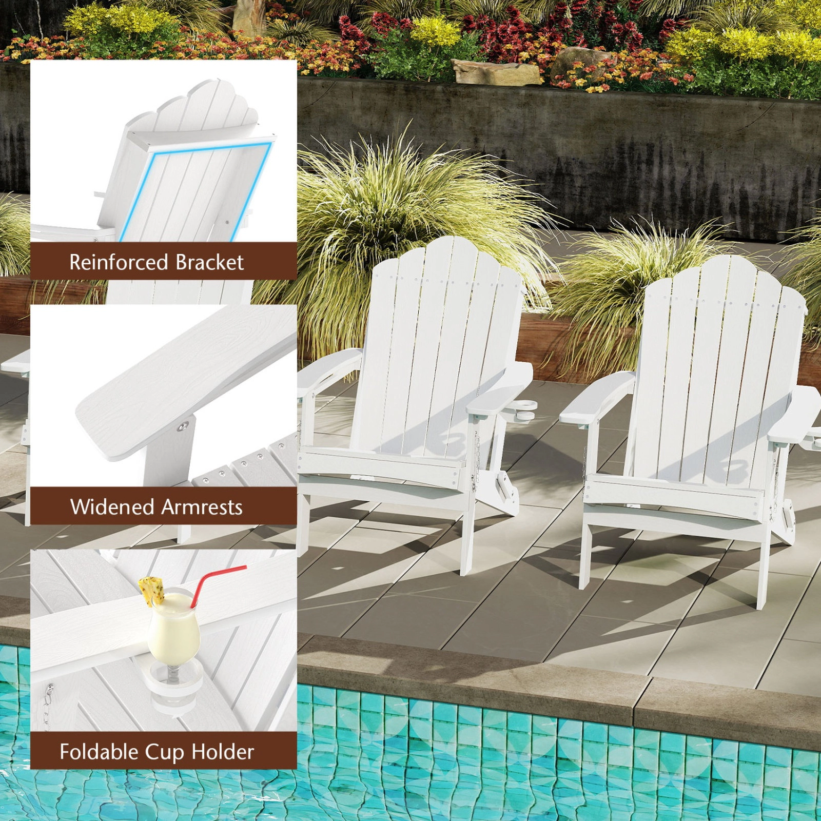 SUGIFT 400-lb Capacity Weather Resistant HDPE Folding Adirondack Chair with High Backrest and Cup Holder