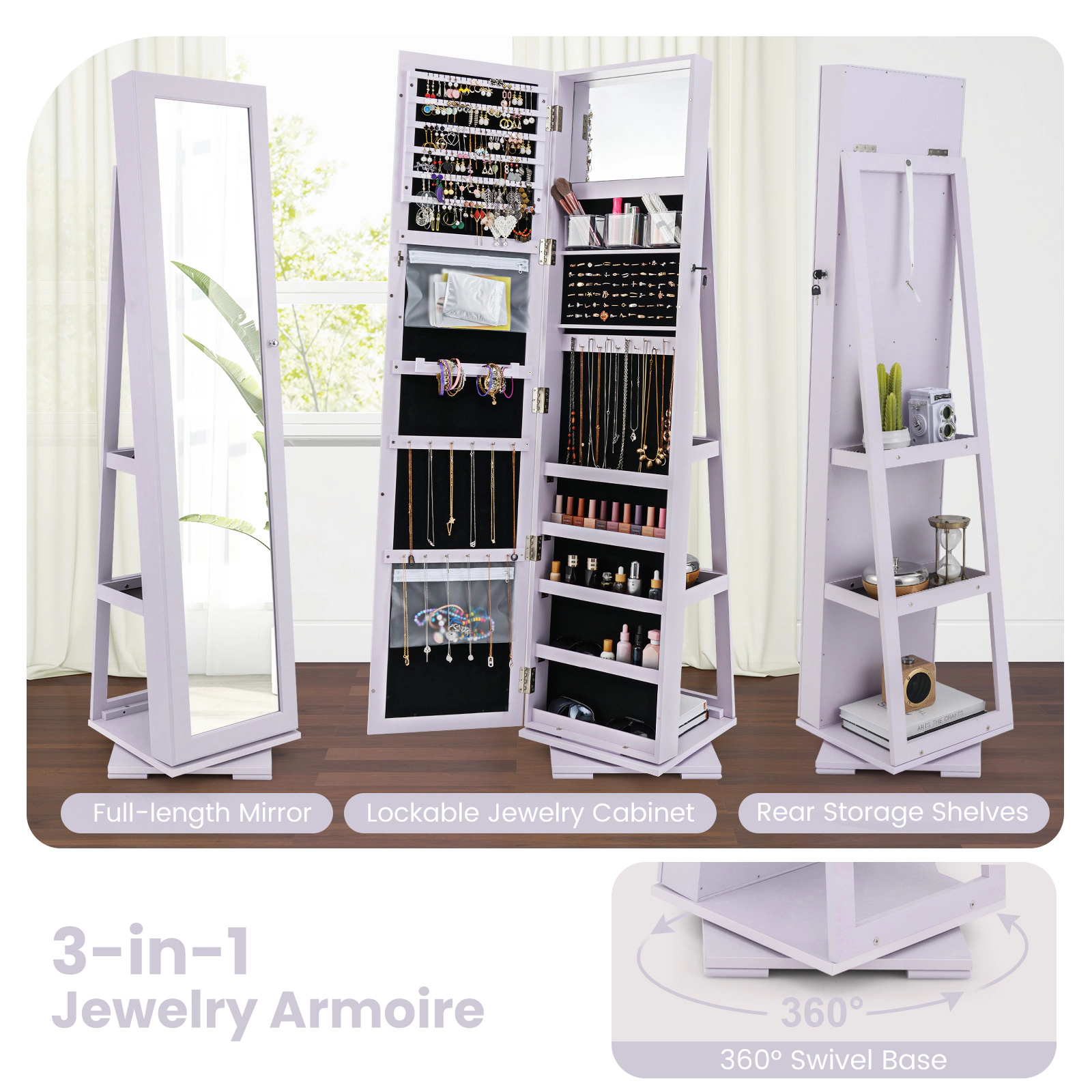 SUGIFT 360° Rotatable 2-in-1 Lockable Jewelry Cabinet with Full-Length 63.5-in Mirror 48-lb P2 MDF Organizer Purple