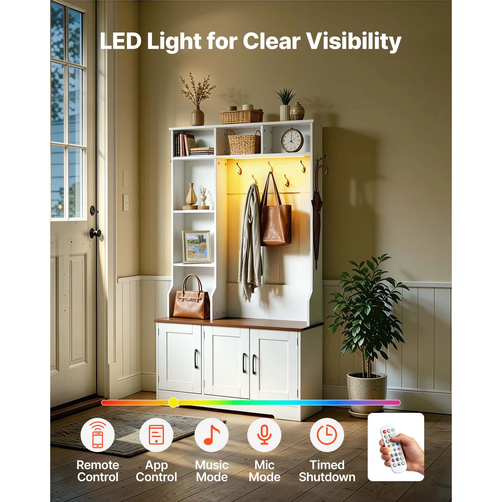 HONGGE 39 Inch Hall Tree with Bench and Shoe Storage, Entryway Organizer with Hooks, Shelves, LED Light, White