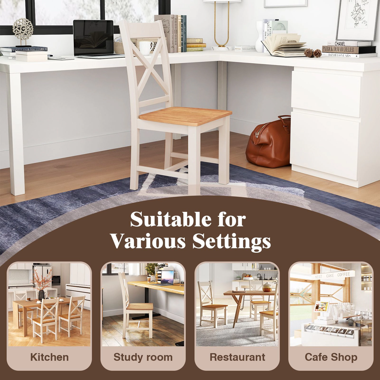 SlickBlue Set of 2 Rubber Wood Dining Chairs High Back Side Chairs for Kitchen
