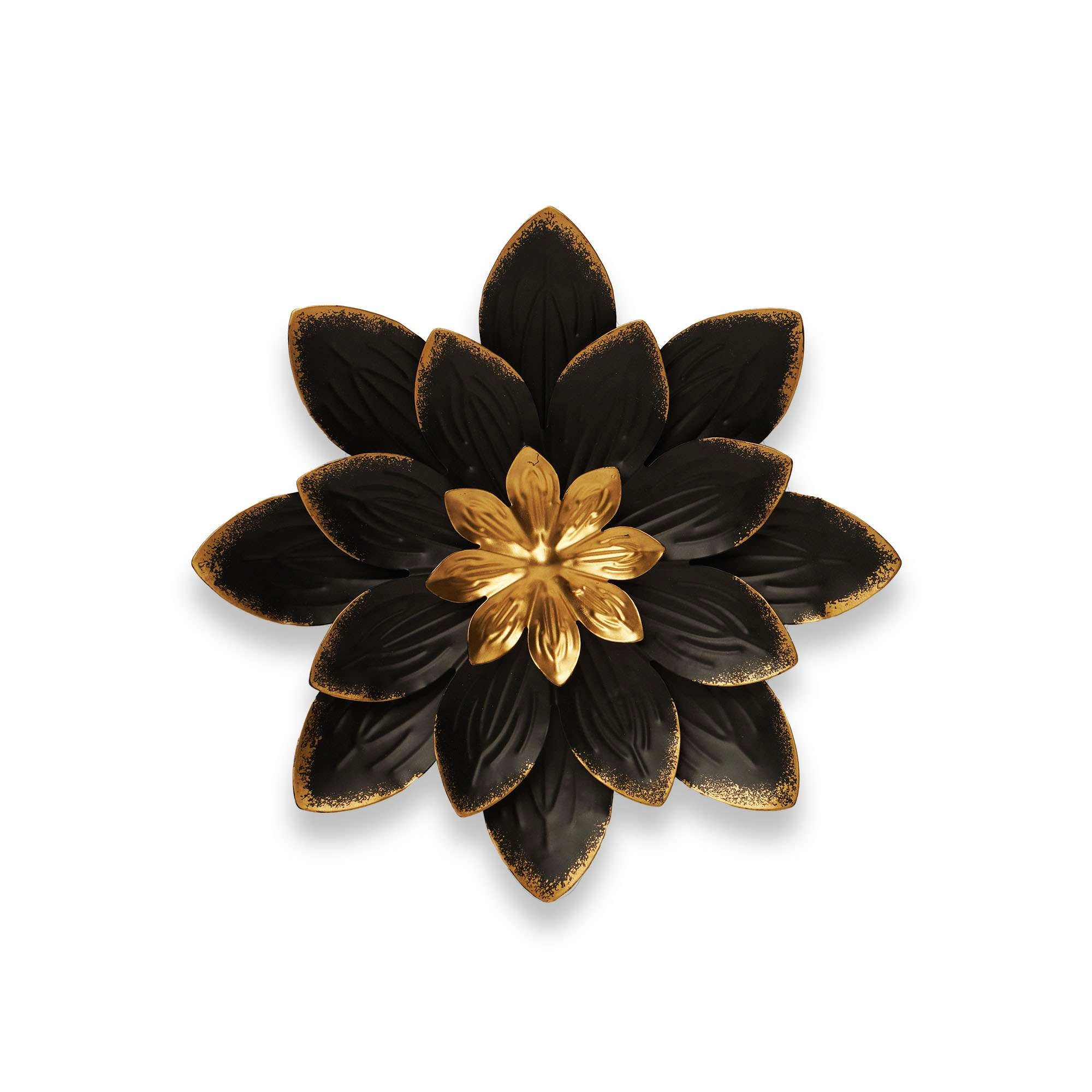 G128 9 in Black and Gold Flower Metal Wall Art - Rustic Floral Wall Hanging for Indoor and Covered Outdoor Spaces