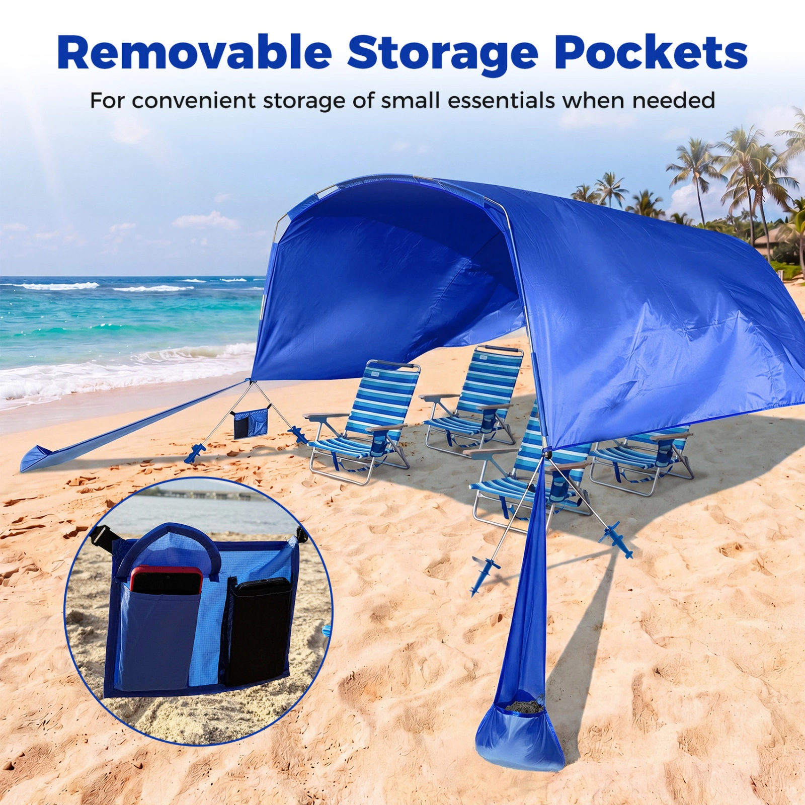 SUGIFT Navy Wind Powered Beach Sun Shelter Canopy with Aluminum Pole and 4 Sand Anchors 10-ft W 6.5-ft D 6.5-ft H