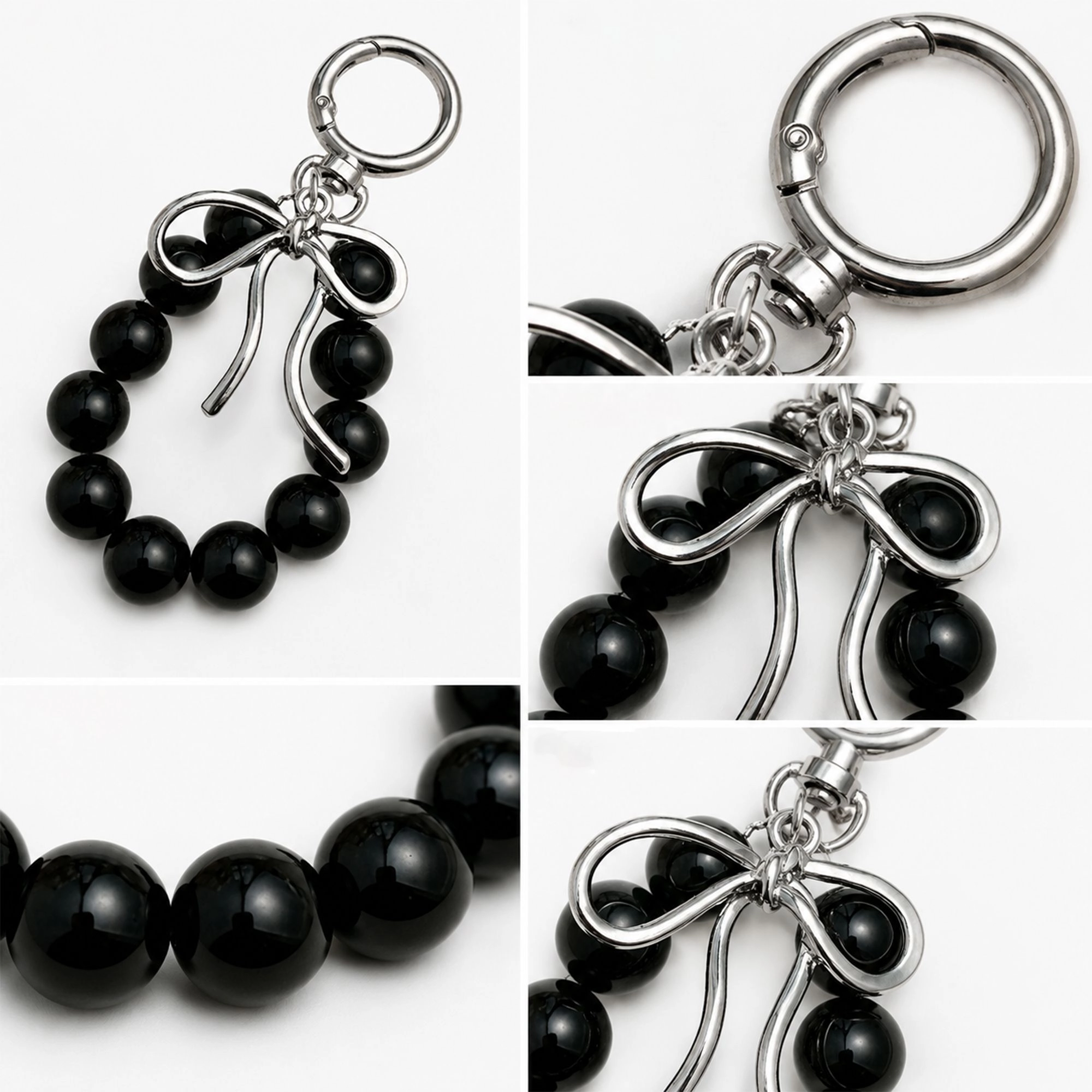 Alilang Women's Beaded Bow Keychain with Round Bead Loop and Metal Clip Bag Charm, Black