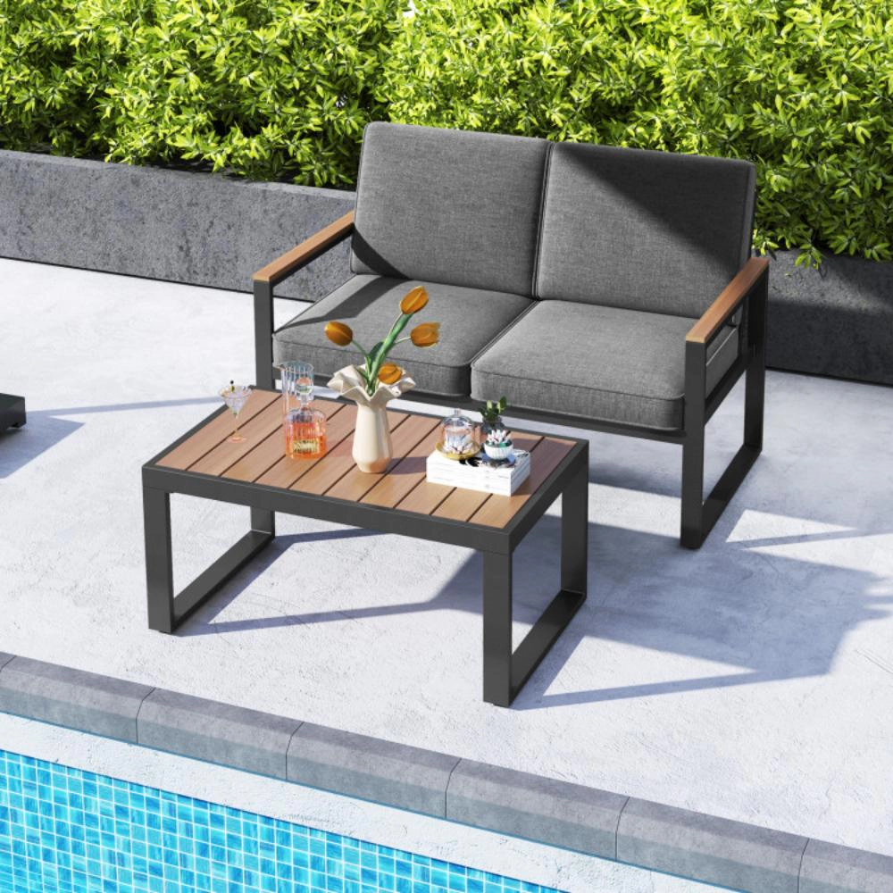 Hivvago 2 Piece Patio Aluminum Furniture Set With Wood-Plastic Armrests And Tabletop-Gray