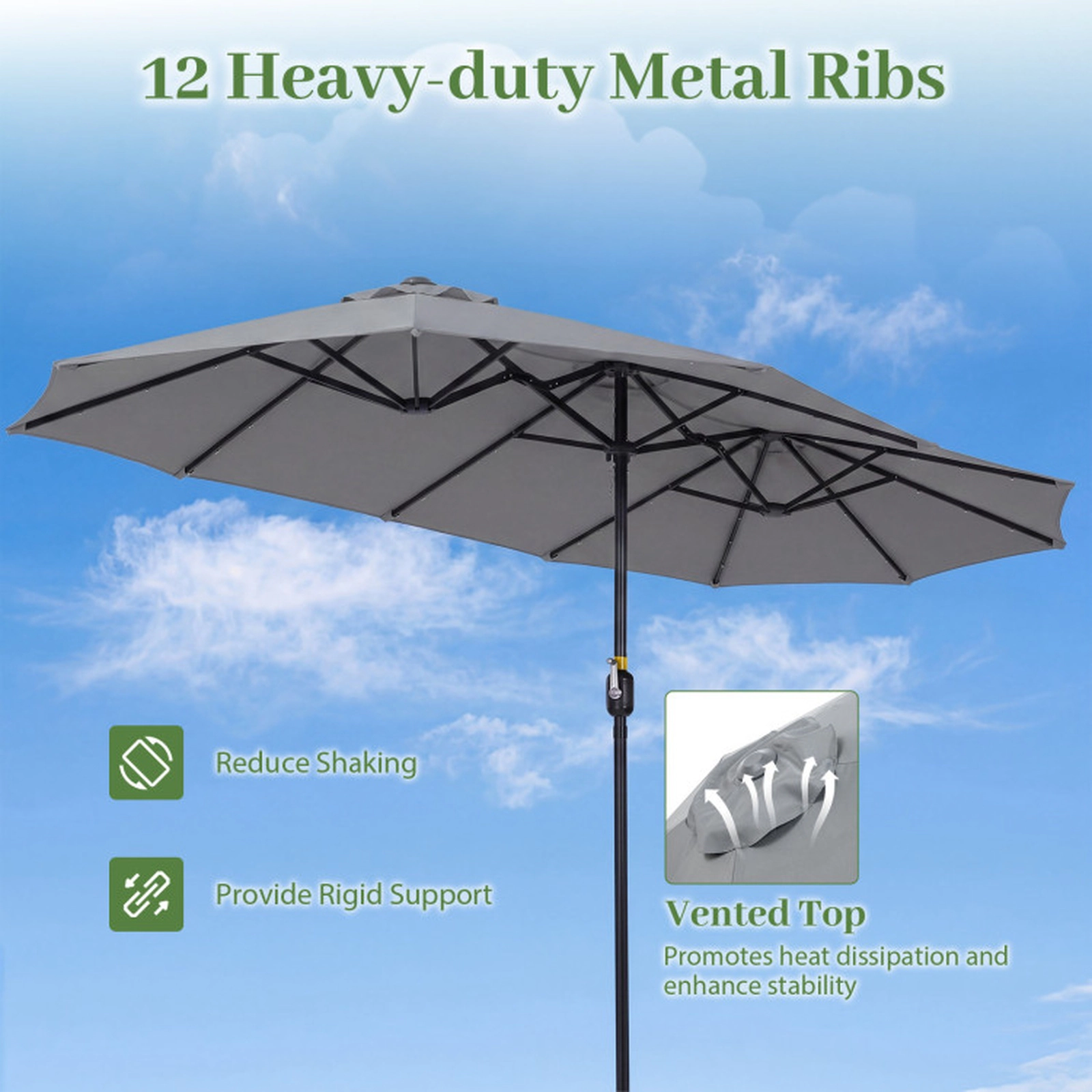 SUGIFT Solar LED Double-Sided Rectangle Patio Market Umbrella 13-ft Canopy Gray