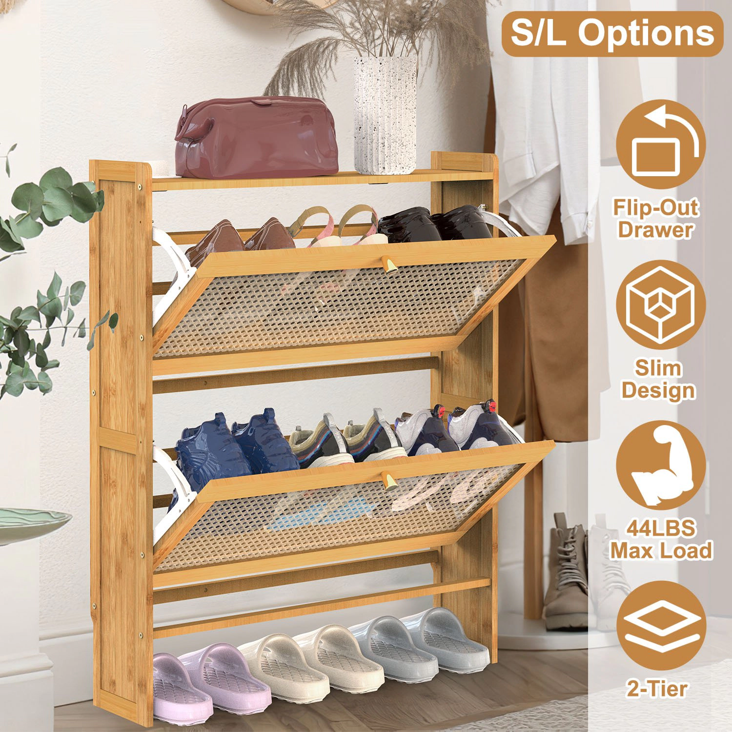NEW Home Unisex 2-Tier Bamboo Shoe Cabinet