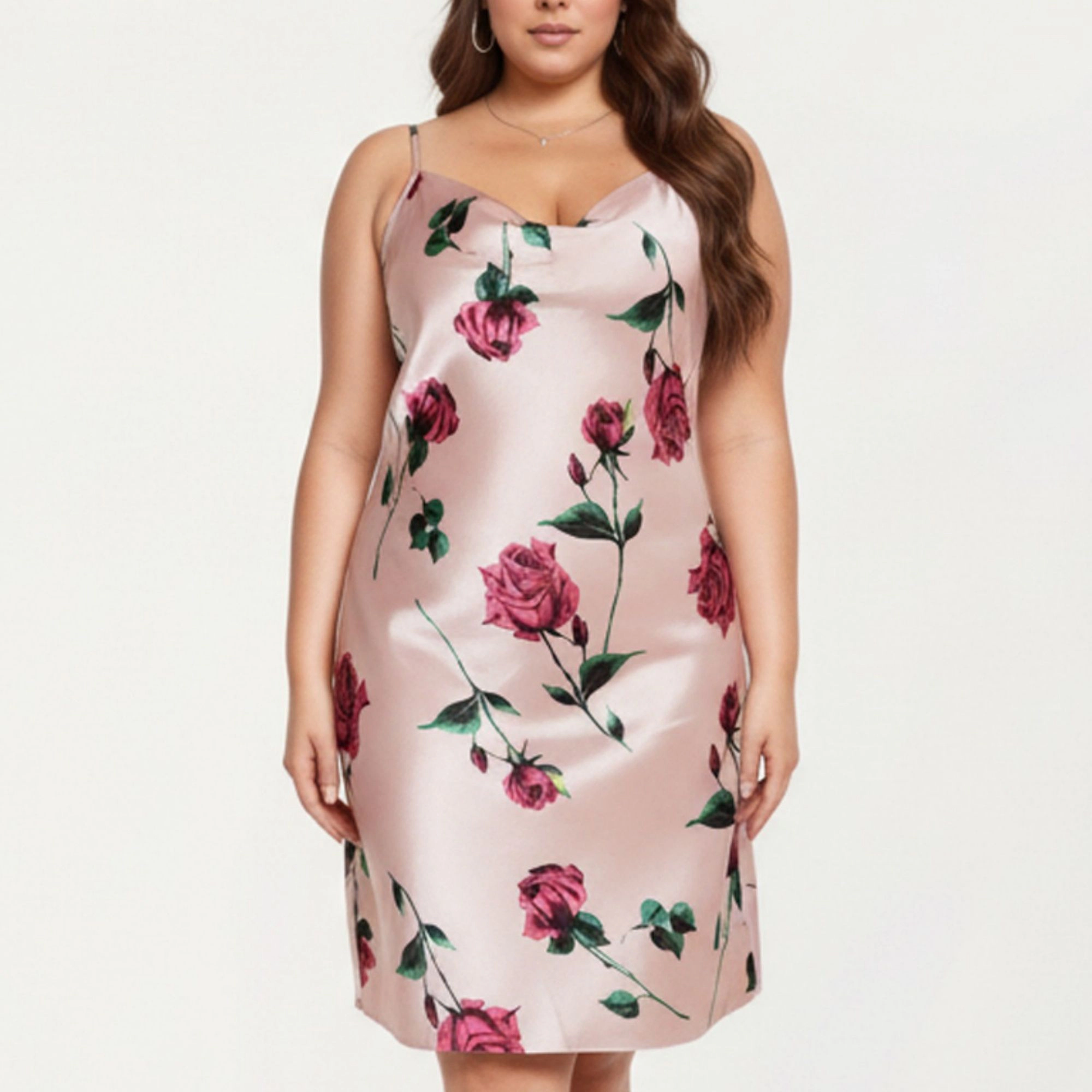 Anna-Kaci Women's Satin Slip Dress Floral Rose Pattern Draped Neckline Sheen Fabric and Soft Body-Skimming Silhouette