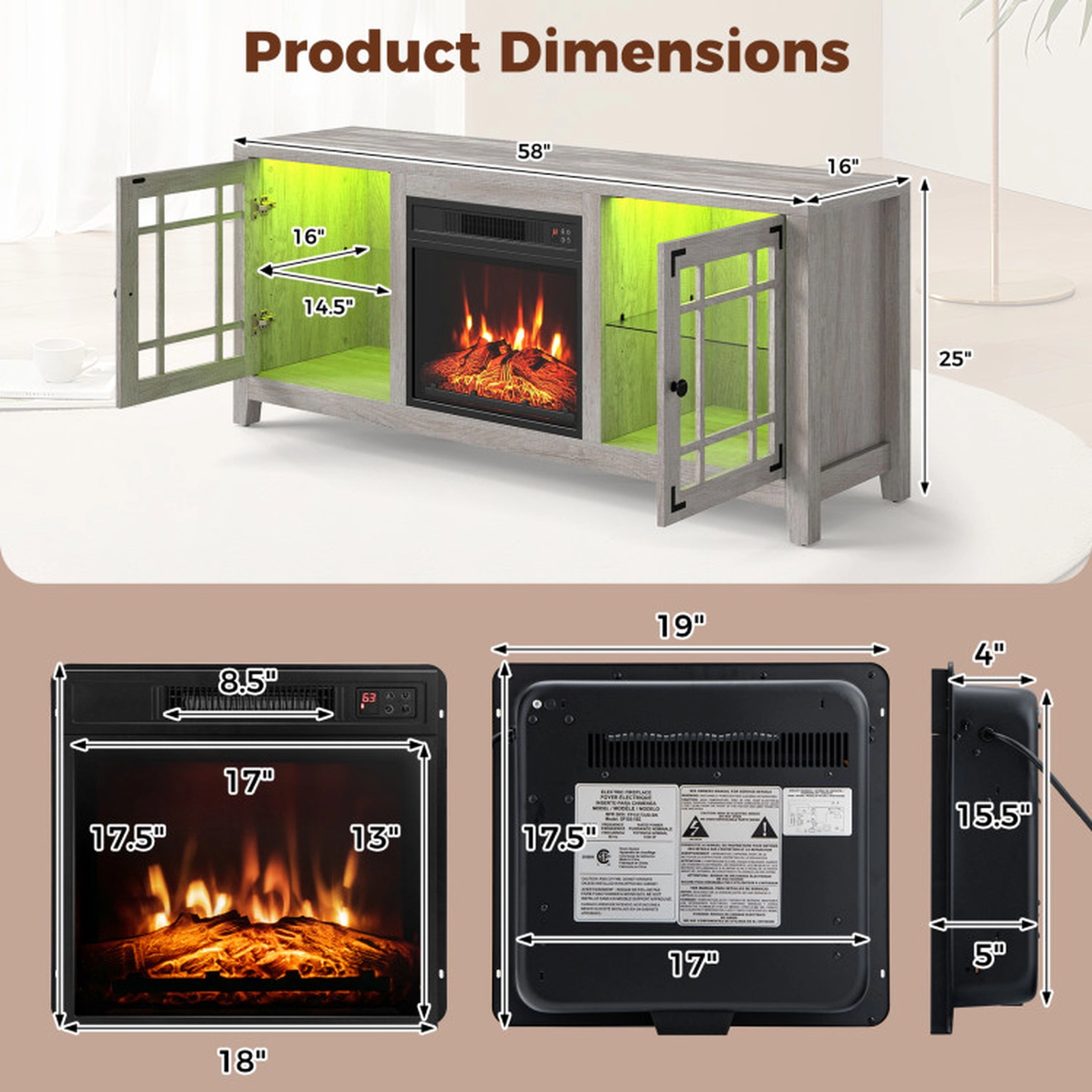SUGIFT 1400W 18-in Electric Fireplace RGB LED Glass Doors TV Stand 58-in x 16-in x 25-in 5000 BTU 65-in TV Natural