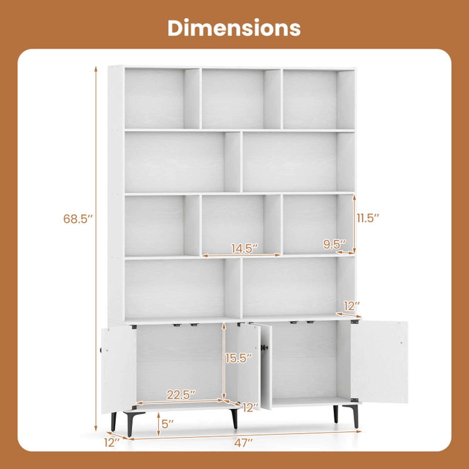 SUGIFT 68.5-in Tall 4-Door White Bookshelf with Storage Cabinet Open Display Shelves and Anti-Tipping Kits