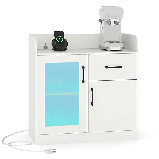 LJG LED Buffet Sideboard with Charging Station with Drawer and Translucent Fluted Door