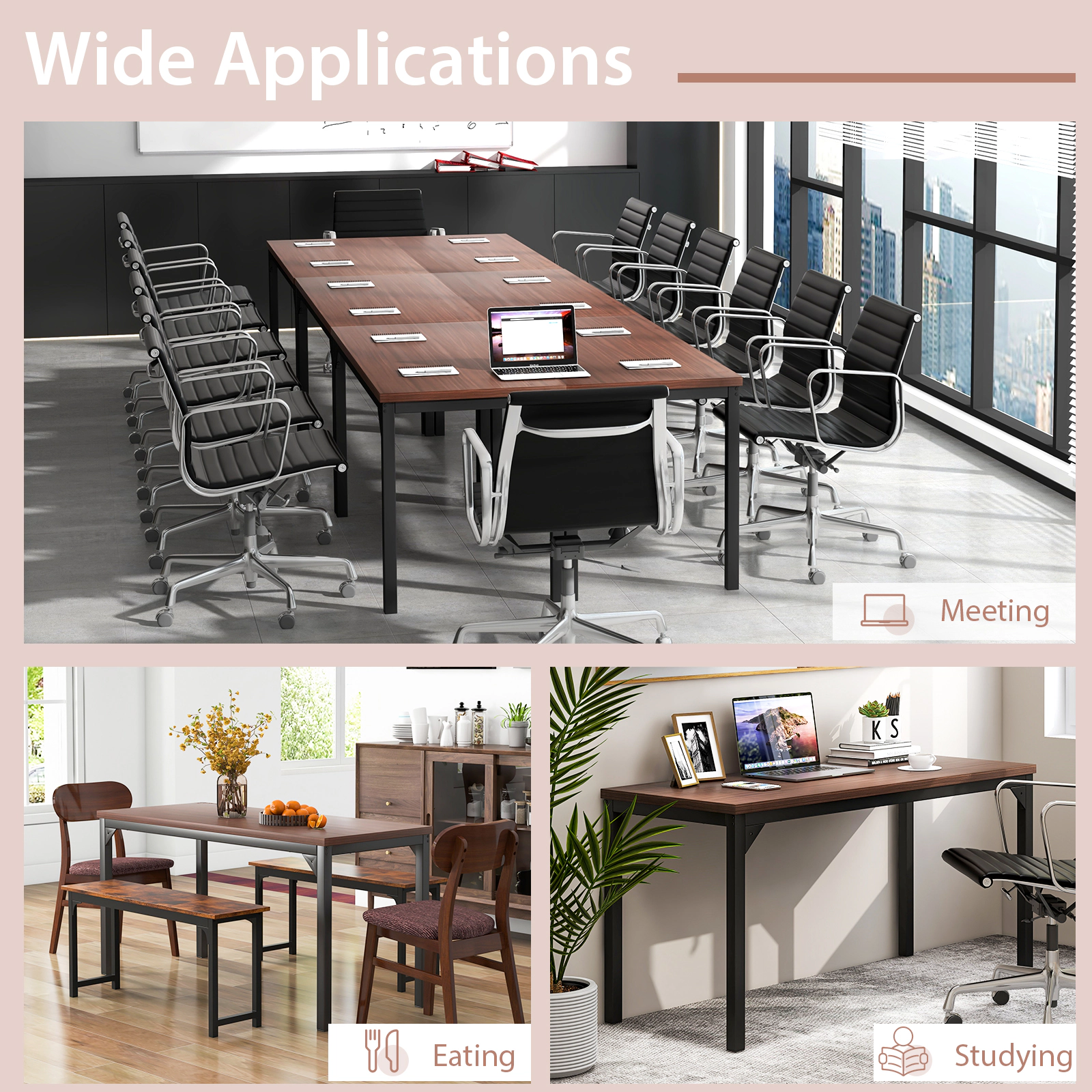 SUGIFT Heavy Duty Metal Frame Mahogany 55 Inch Conference Table Meeting Room Desk