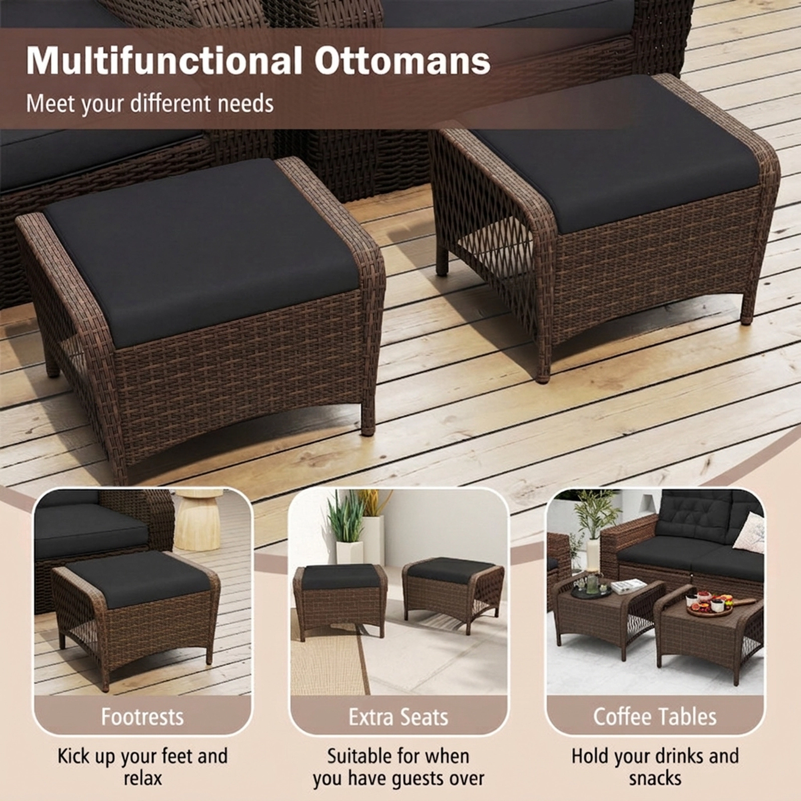 SUGIFT Removable Cushions Set of 2 Outdoor Patio PE Wicker Ottomans