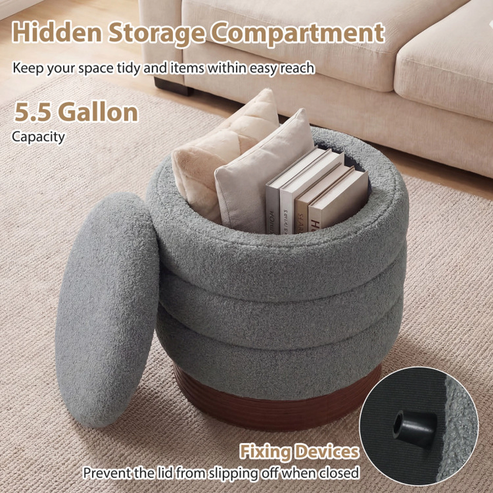 SUGIFT Gray Round Boucle Storage Ottoman, 400 lb Capacity, 360° Swivel Top