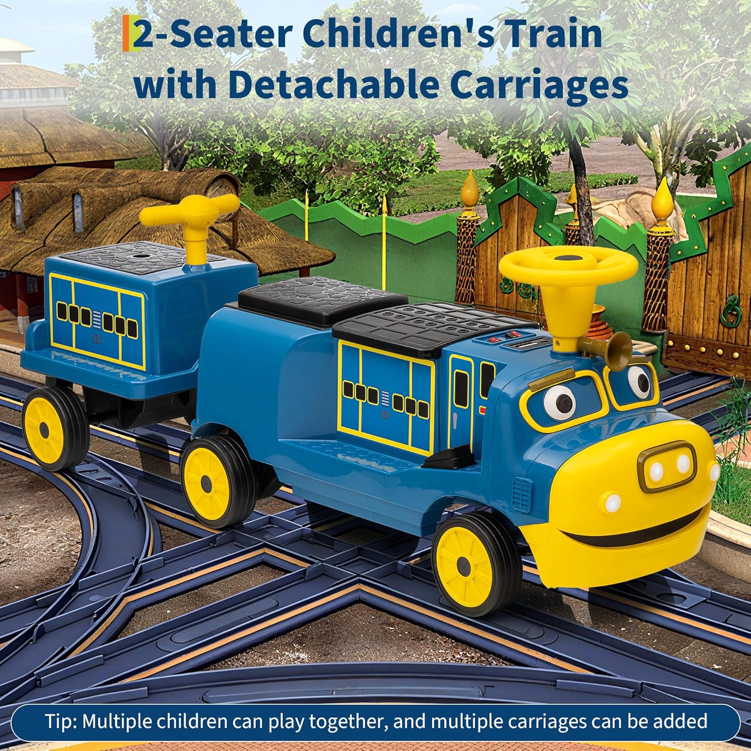 12V 2-Seater Kids Ride On Trackless Train w/ Carriage, Adjustable Seat, Music, LED Lights & Storage for Toddlers 3+