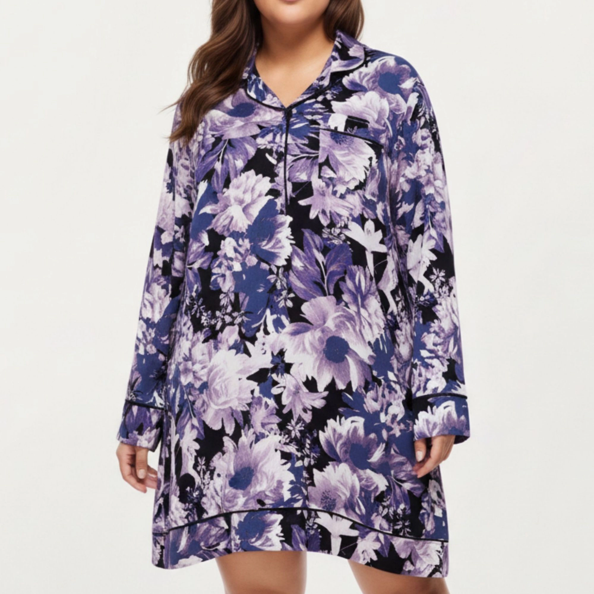 Anna-Kaci Women's Floral Print Long Sleeve Sleep Shirt Fabric Notched Collar Detail and Relaxed Above-Knee Silhouette