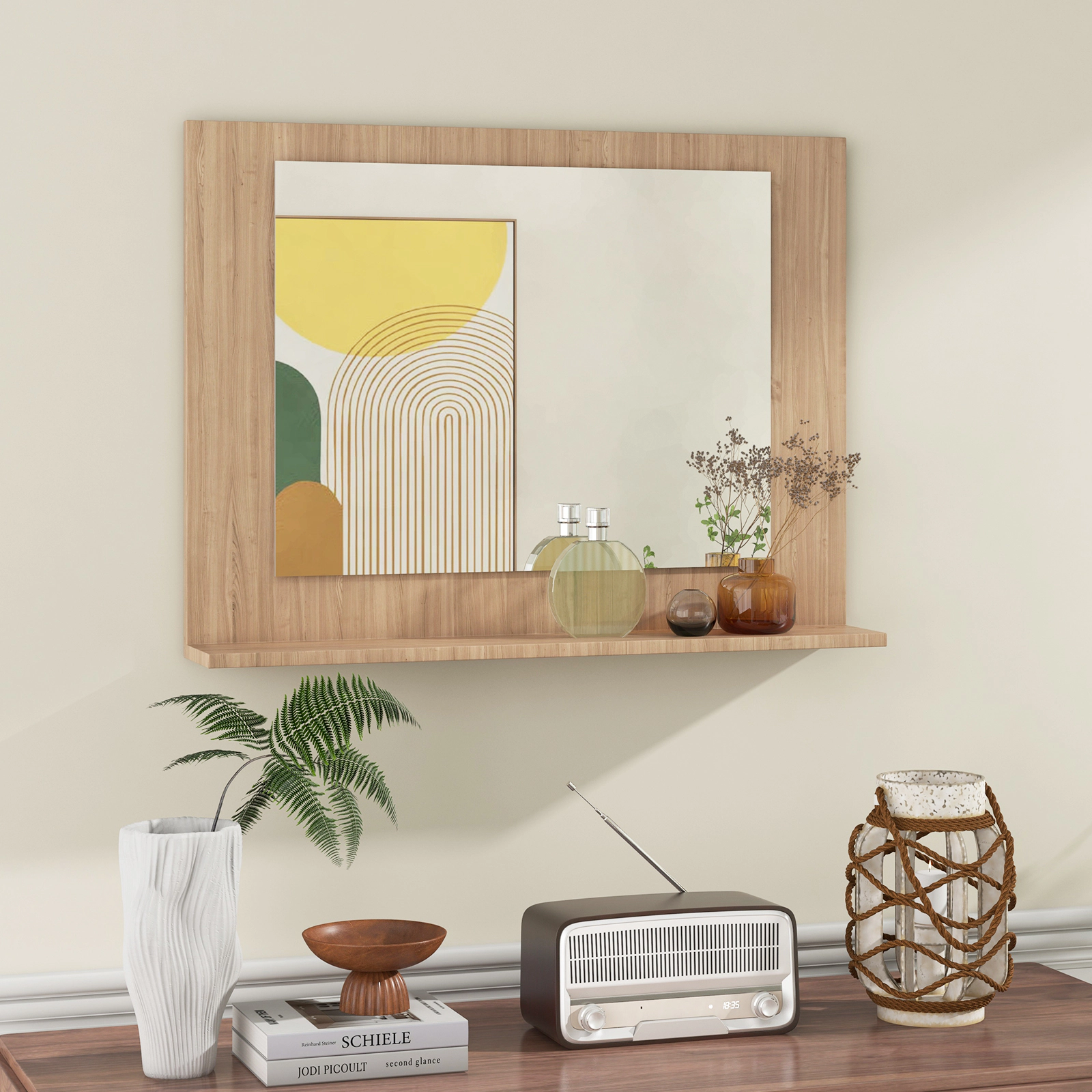 SUGIFT Wall-Mount Rectangle Bathroom Mirror with Storage Shelf 23.5 x 17.5 in Brown Wood Frame