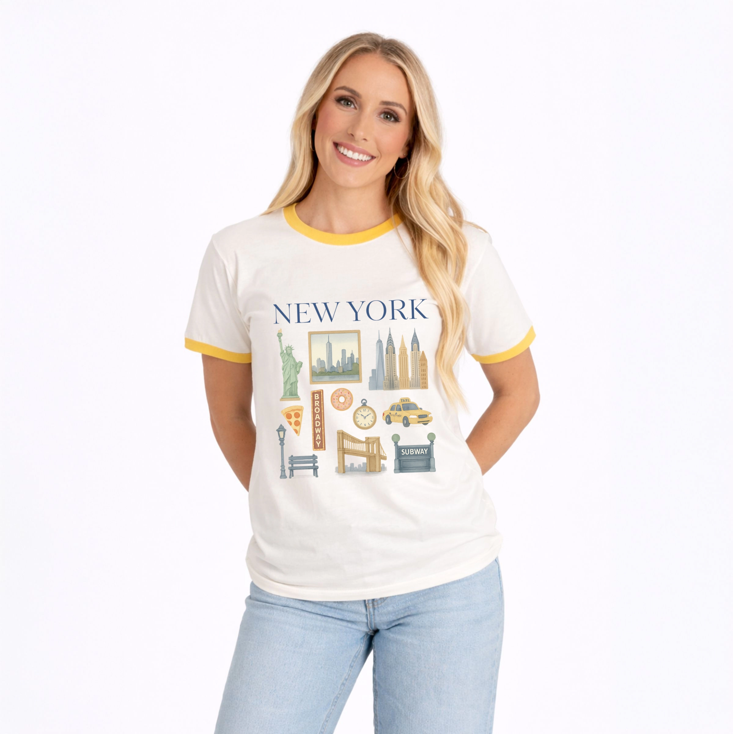 Simply Sage Market - New York Watercolor Collage Women's Ringer Graphic T-Shirt