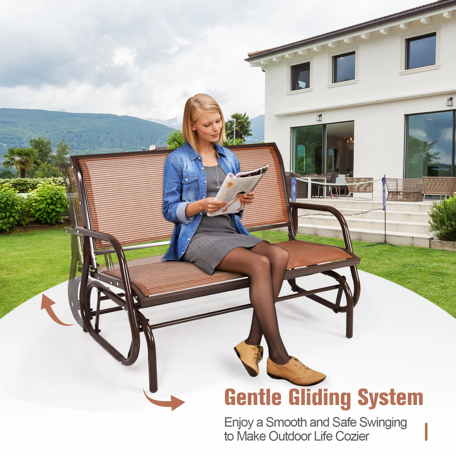 SUGIFT Brown Steel Frame 48-in Swing Glider Loveseat Rocker Lounge Bench