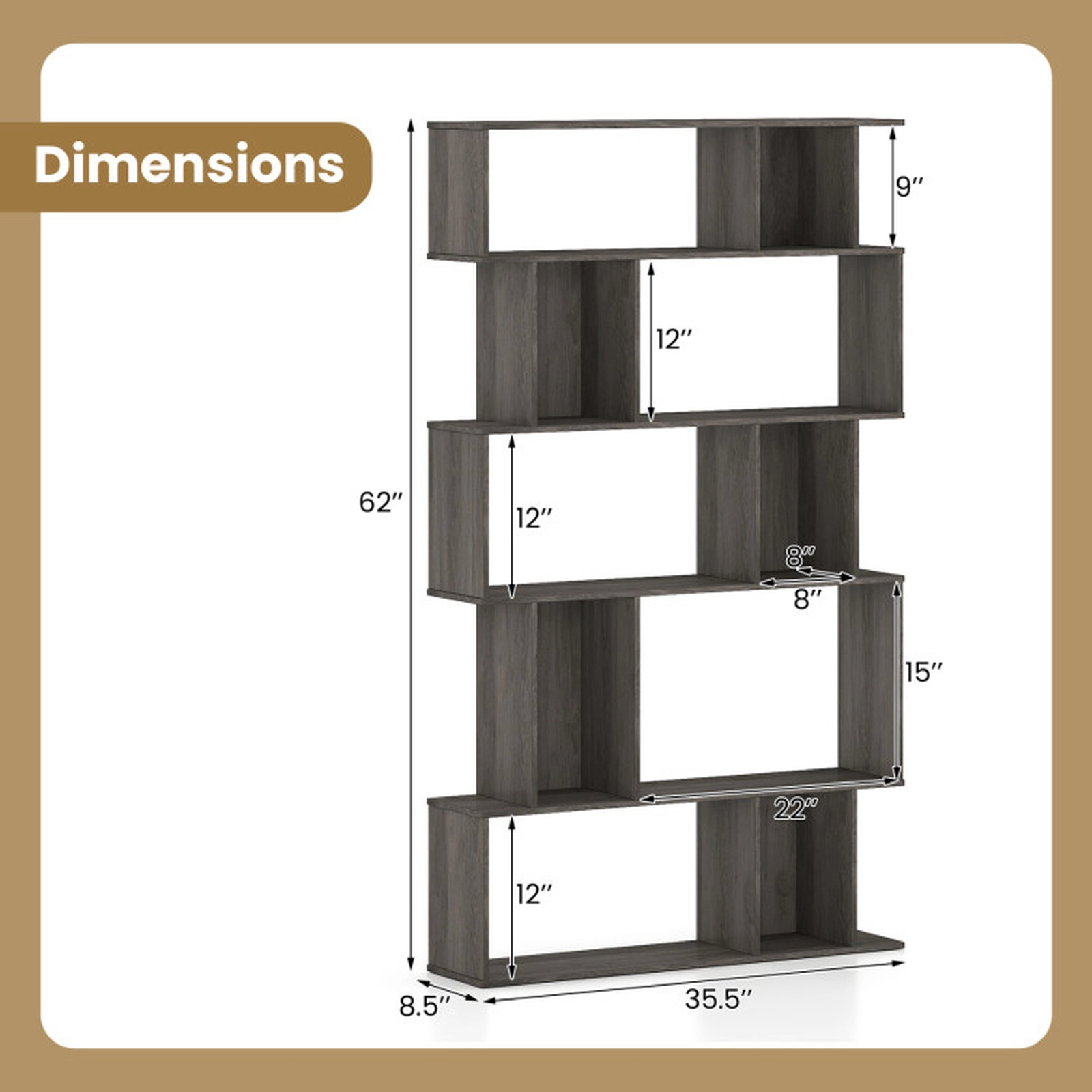 SUGIFT Geometric 5-Tier Engineered Wood Bookcase with Open Shelves and Closed-back Cubes 200-lb Capacity Oak
