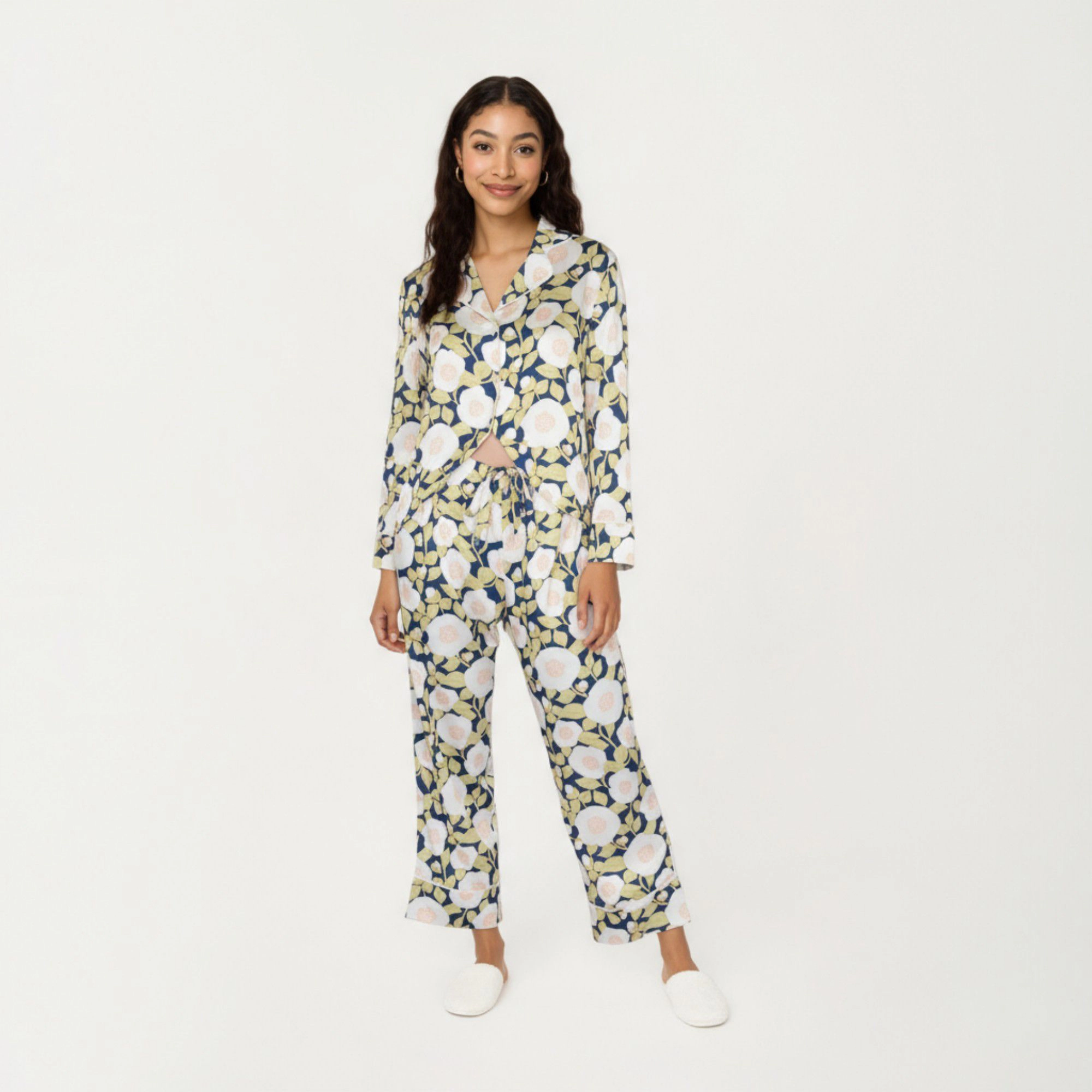 Anna-Kaci Women's 2-Piece Long Sleeve Button Front Pajama Set Floral Print and Soft Silky Fabric for Relaxed Comfort