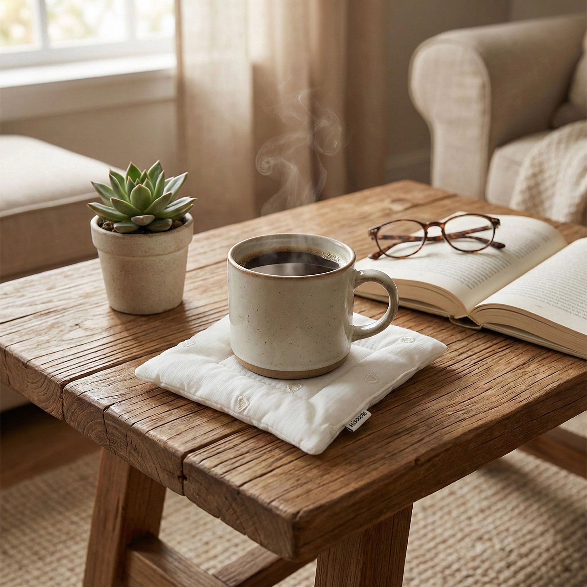 Alilang Unisex 2-PC Square Fabric Cup Coaster with Soft Padded Design and Subtle Heart Embroidery