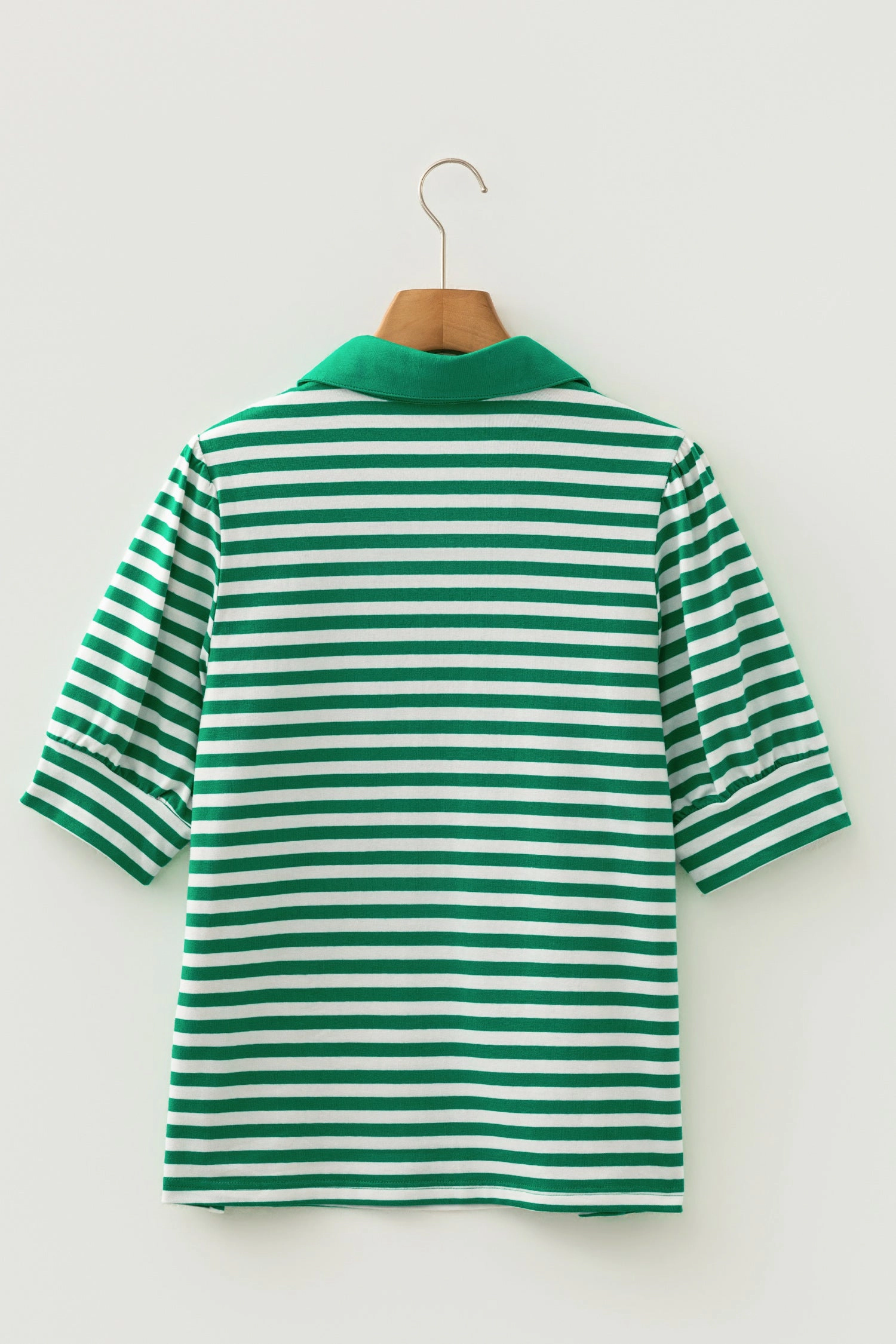 Threaded Pear Womens Kamryn Collared V-Neck Puff Sleeve Top - Green Stripe