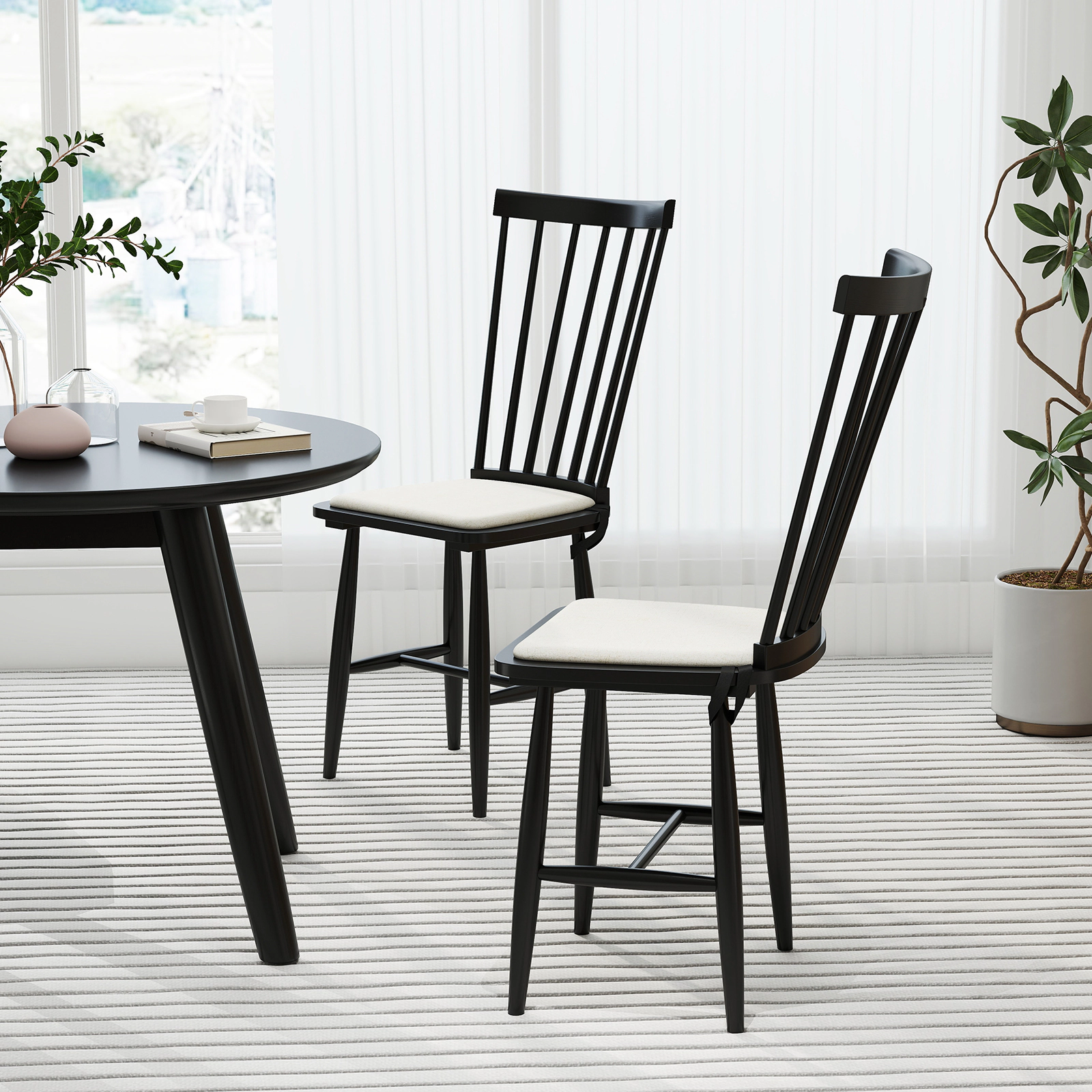 LJG Dining Chairs Set of 2 Farmhouse Solid Rubber Wood Windsor Chairs with Removable Seat Cushions