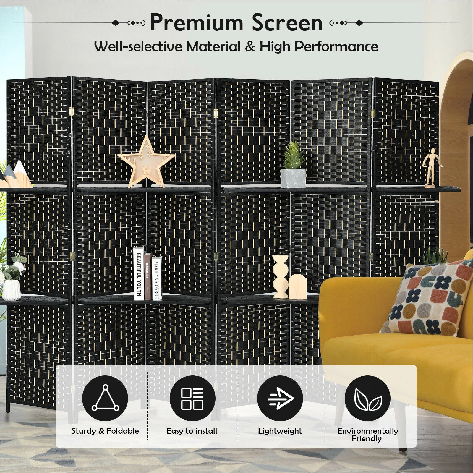 SUGIFT 6 Panel Folding Hand-Woven Fiber Room Divider with 2 Display Shelves 71-in Tall Black/Brown