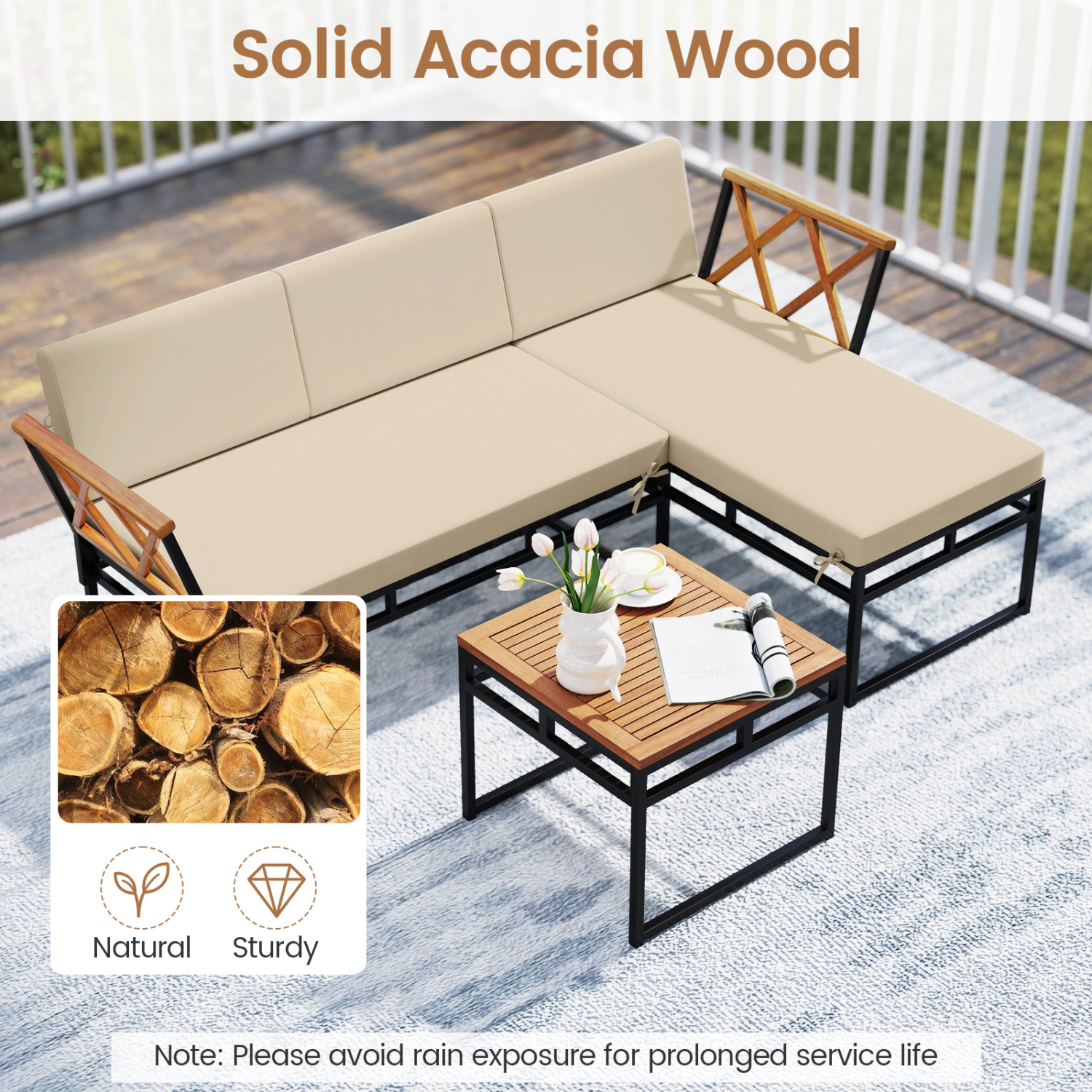 LJG 3-Piece L-Shaped Patio Furniture Set for Porch Backyard and Poolside
