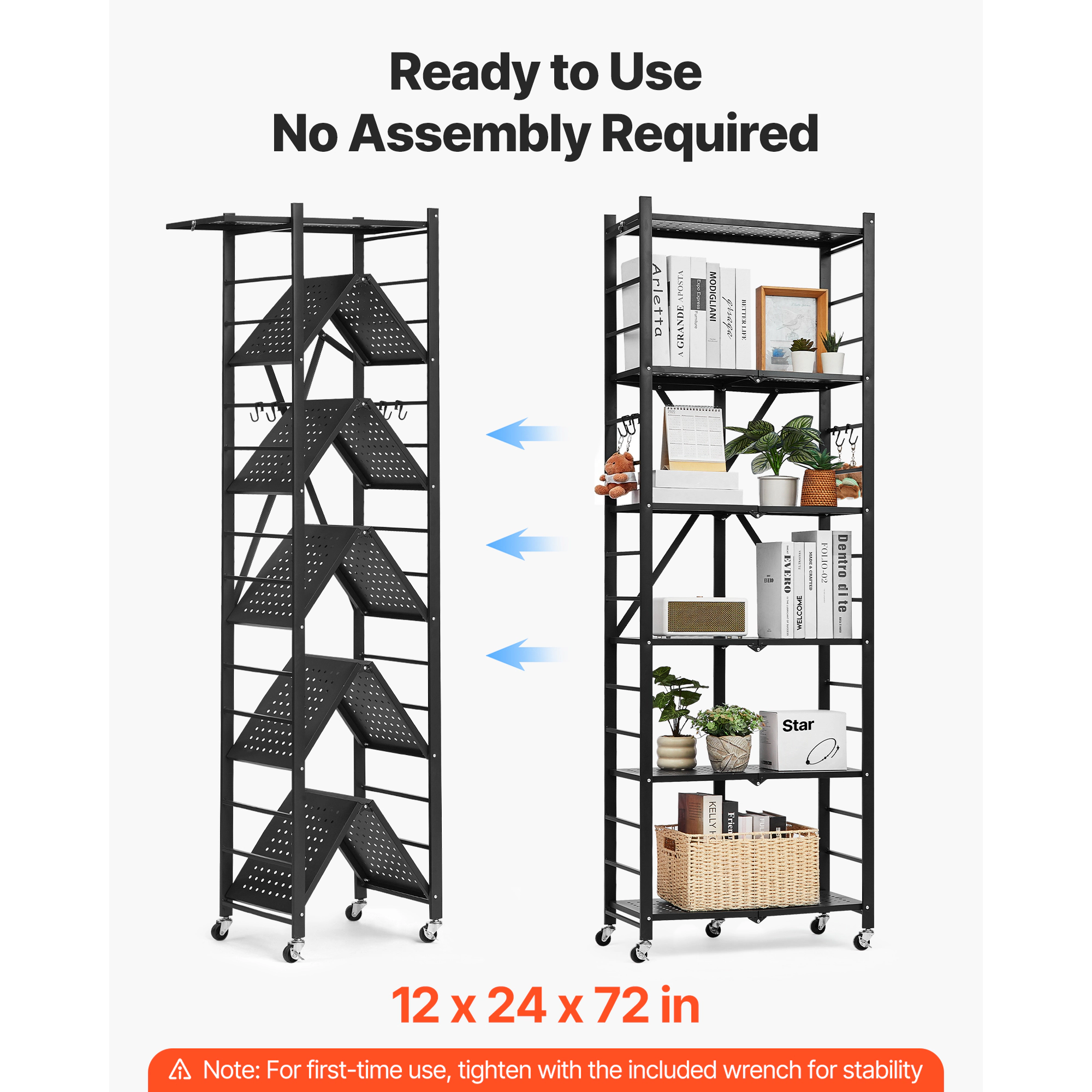 Flynama 6-Tier Foldable Storage Shelf with Wheels 24 x 12 x 72-inch Metal Shelving