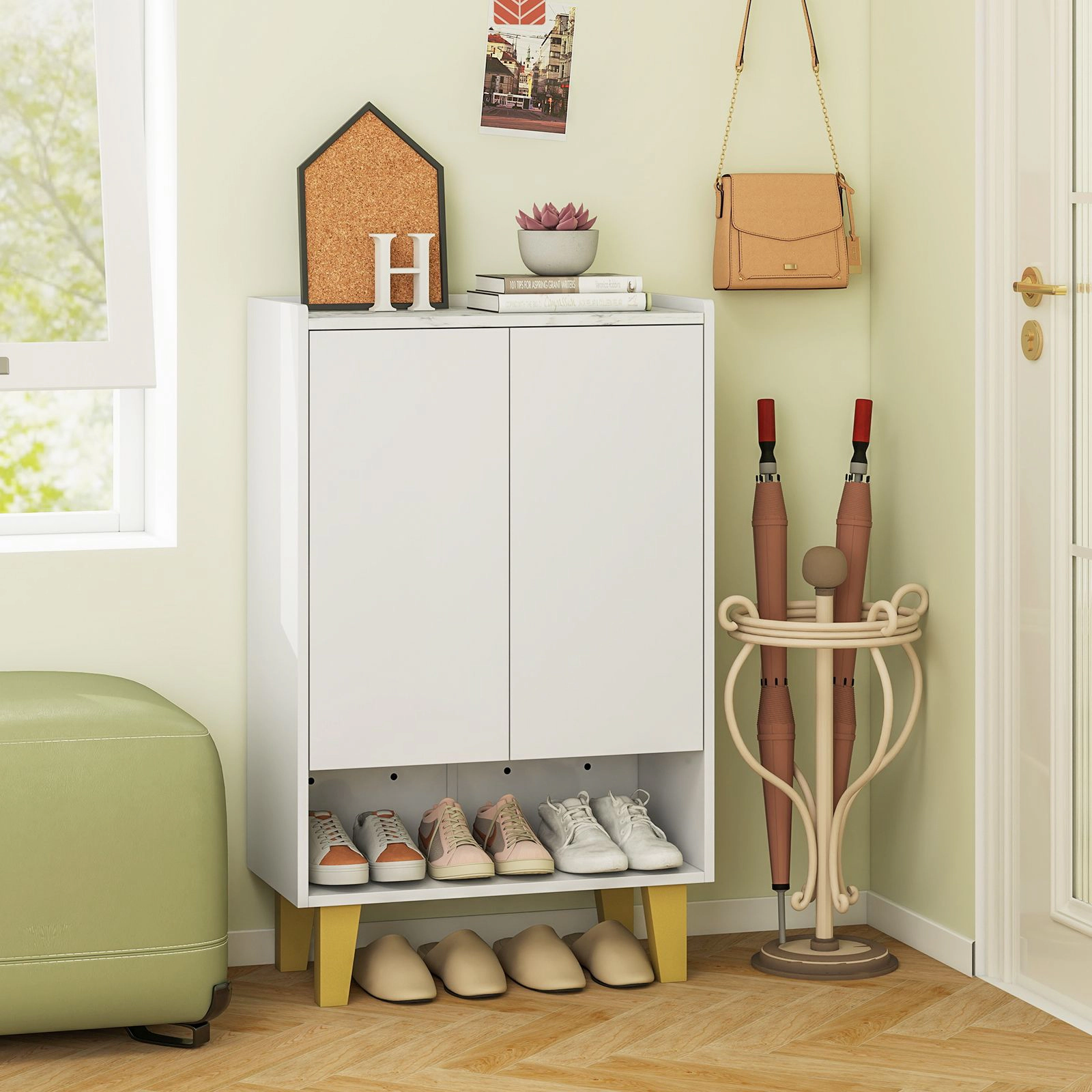 SlickBlue Modern Shoe Cabinet with Faux Marble Top and Tilting Shelves White