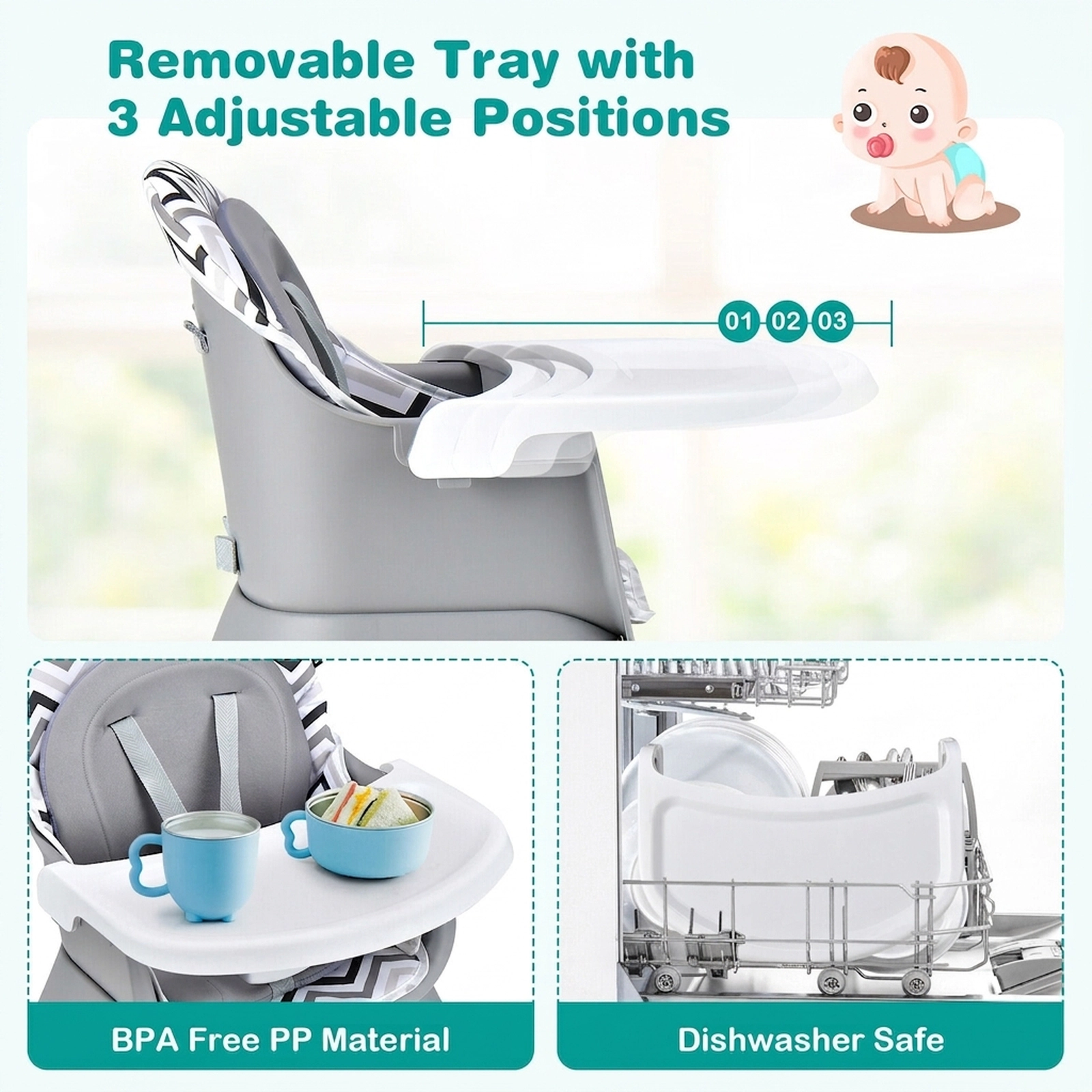 6-in-1 Baby Highchair 3-Position Adjustable Tray Two-Sided Kids Table and Chair Set 6 to 36 Months Gray and White