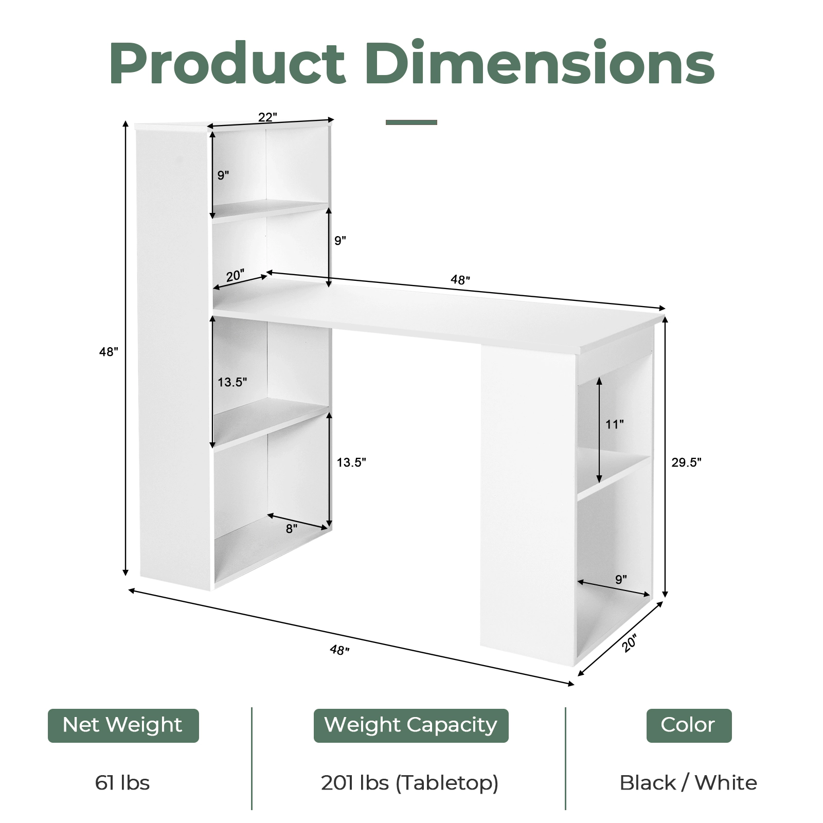 SUGIFT 6-Tier Storage Shelves and Bookcase Workstation 48 Inch Computer Desk
