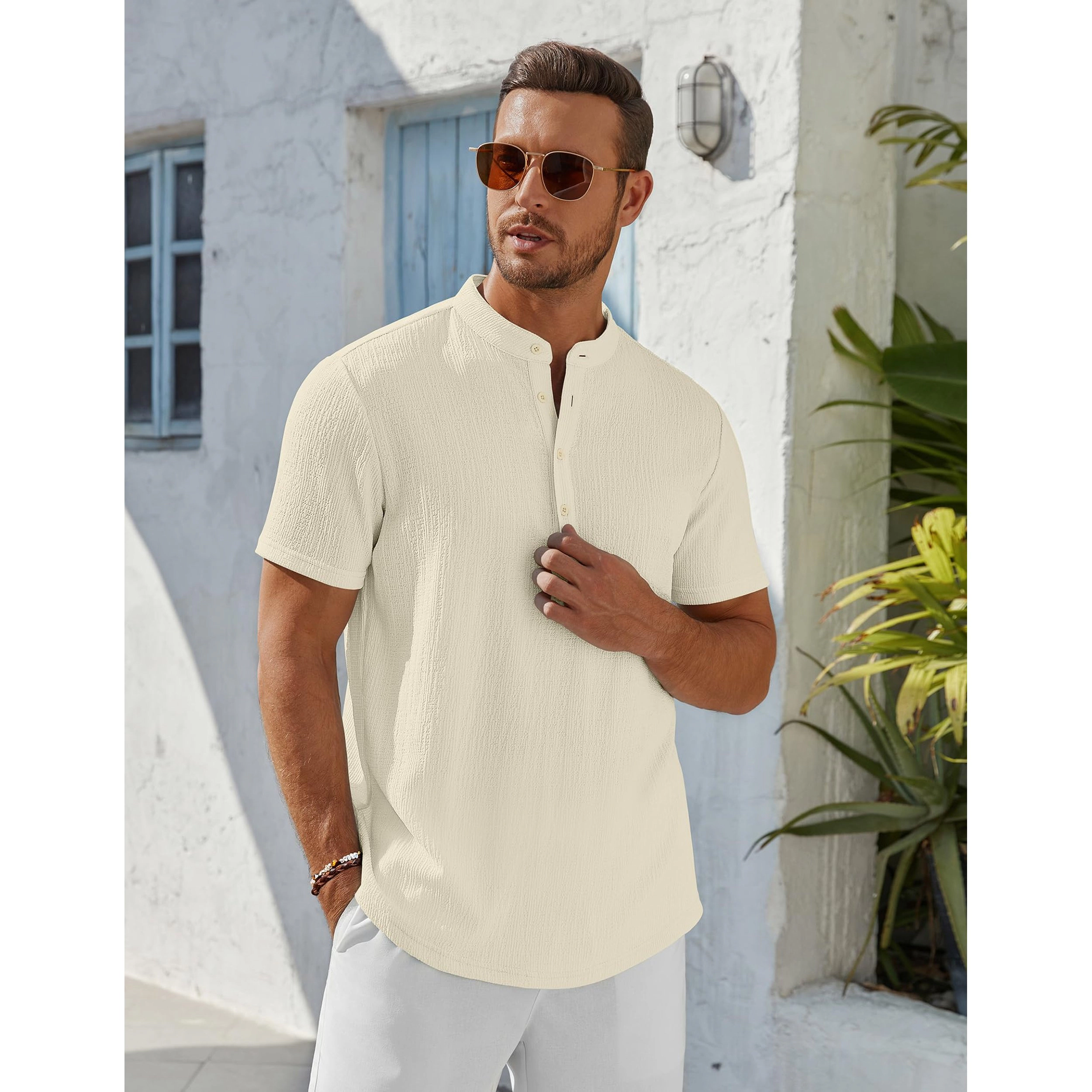 COOFANDY Men's Regular Fit Lightweight Textured Short Sleeve Henley Shirt