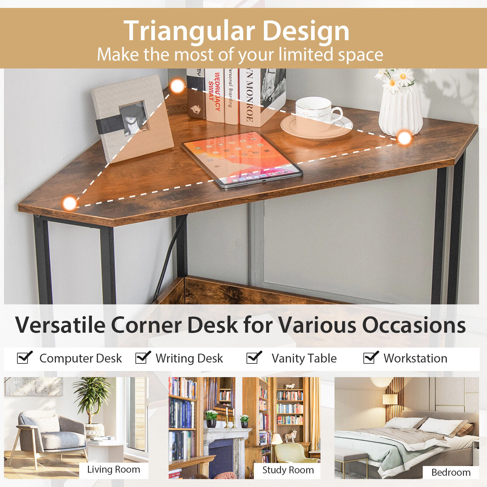 SUGIFT Space-Saving Triangle Computer Corner Desk with Charging Station 200-lb Tabletop Capacity Rustic Brown