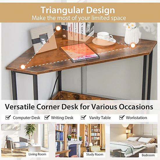 SUGIFT Space-Saving Triangle Computer Corner Desk with Charging Station 200-lb Tabletop Capacity Rustic Brown