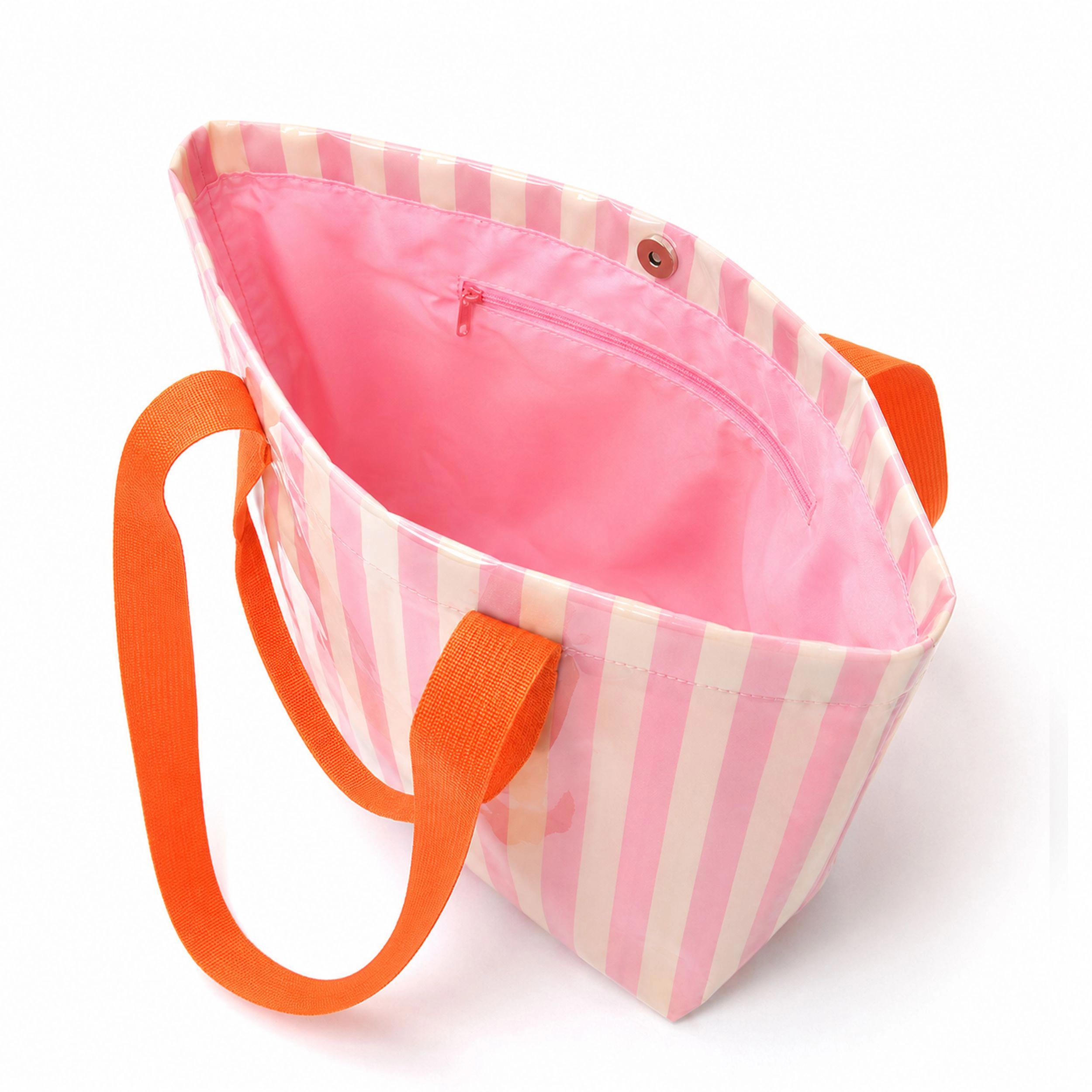 Alilang Women's Striped PVC Beach Tote Bag with Magnetic Closure and Zip Pocket, Green Pink Stripe