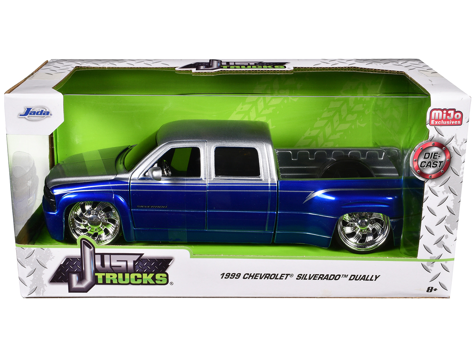 Jada 1999 Chevrolet Silverado Dually Pickup Truck Blue Metallic and Silver with Custom KMC Wheels "Just