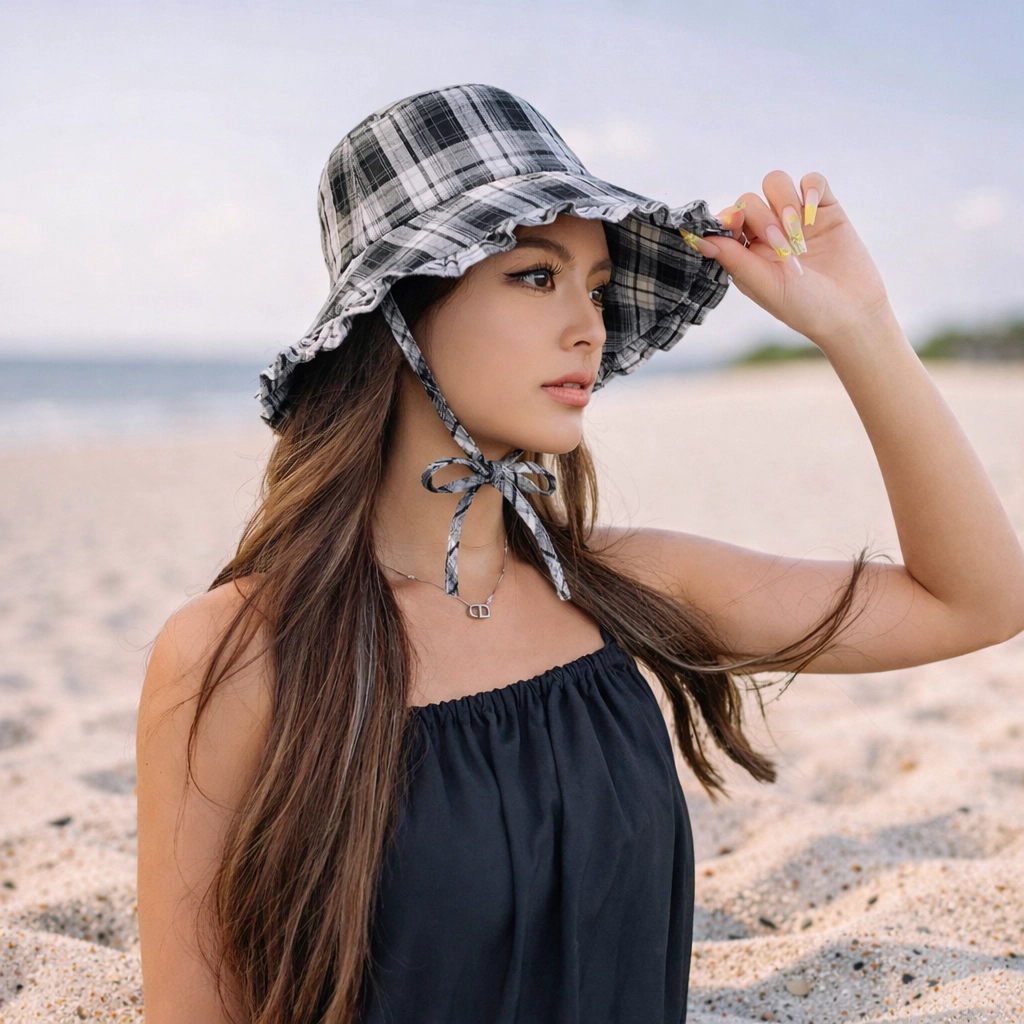 Anna-Kaci Women's Plaid Bucket Hat with Ruffle Brim Adjustable Cotton Sun Hat Lightweight Summer Sun Protection Hat
