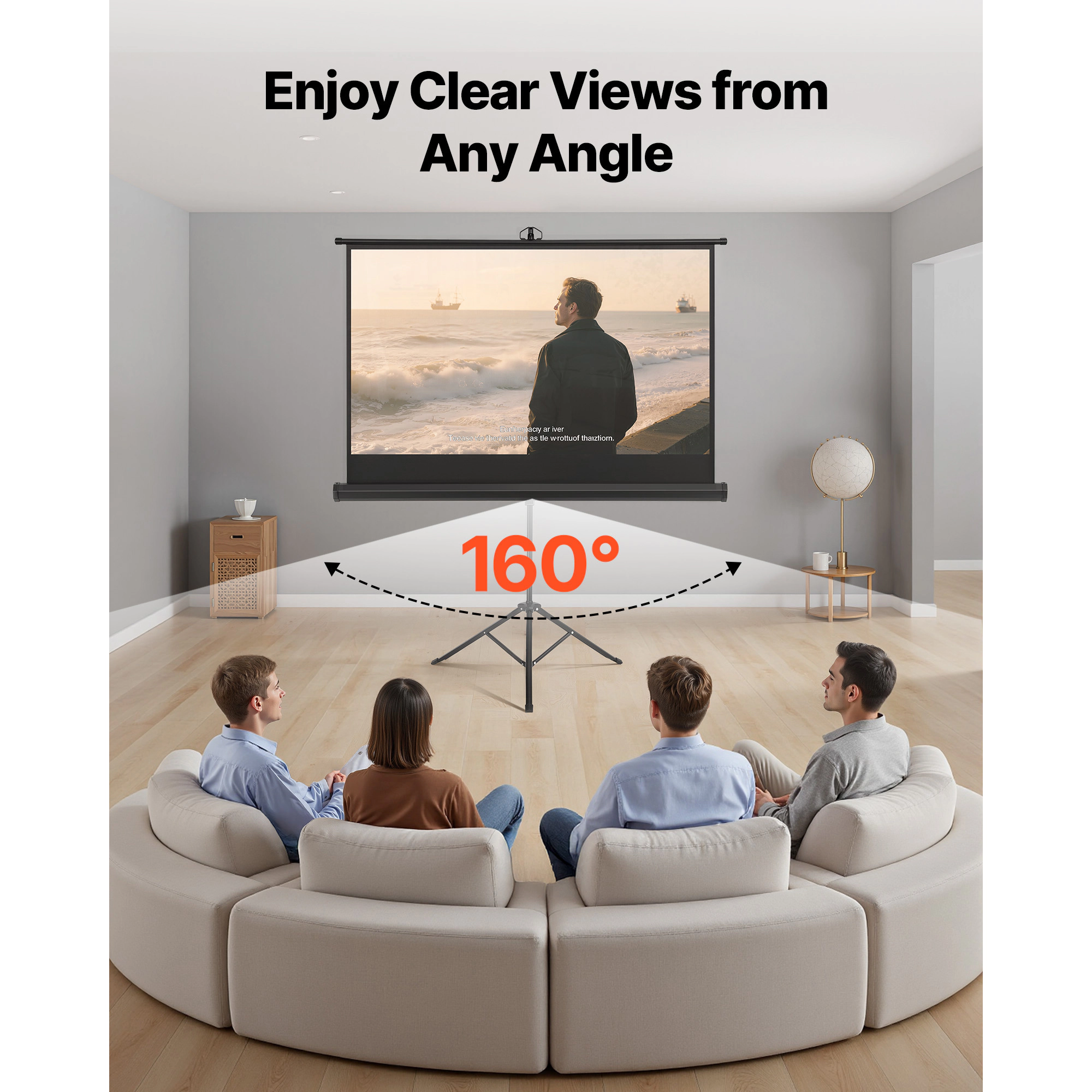 HONGGE Projector Screen with Stand 160° Wide Angle Indoor Outdoor Projection Screen 16:9 4K HD Wrinkleless Portable