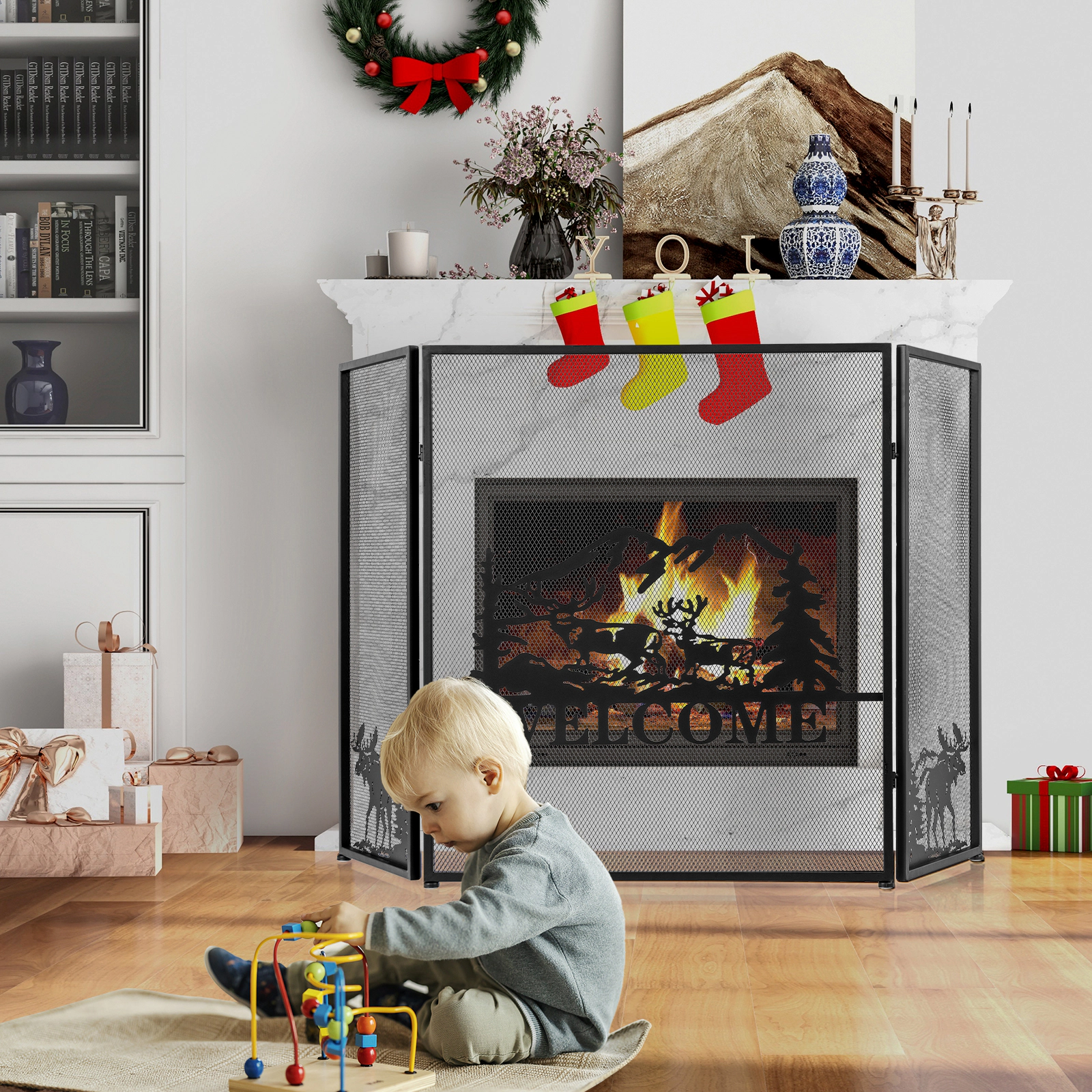 SUGIFT 52-in x 31-in 3-Panel Folding Mesh Metal Freestanding Fireplace Screen Deer Scene Spark Guard Black