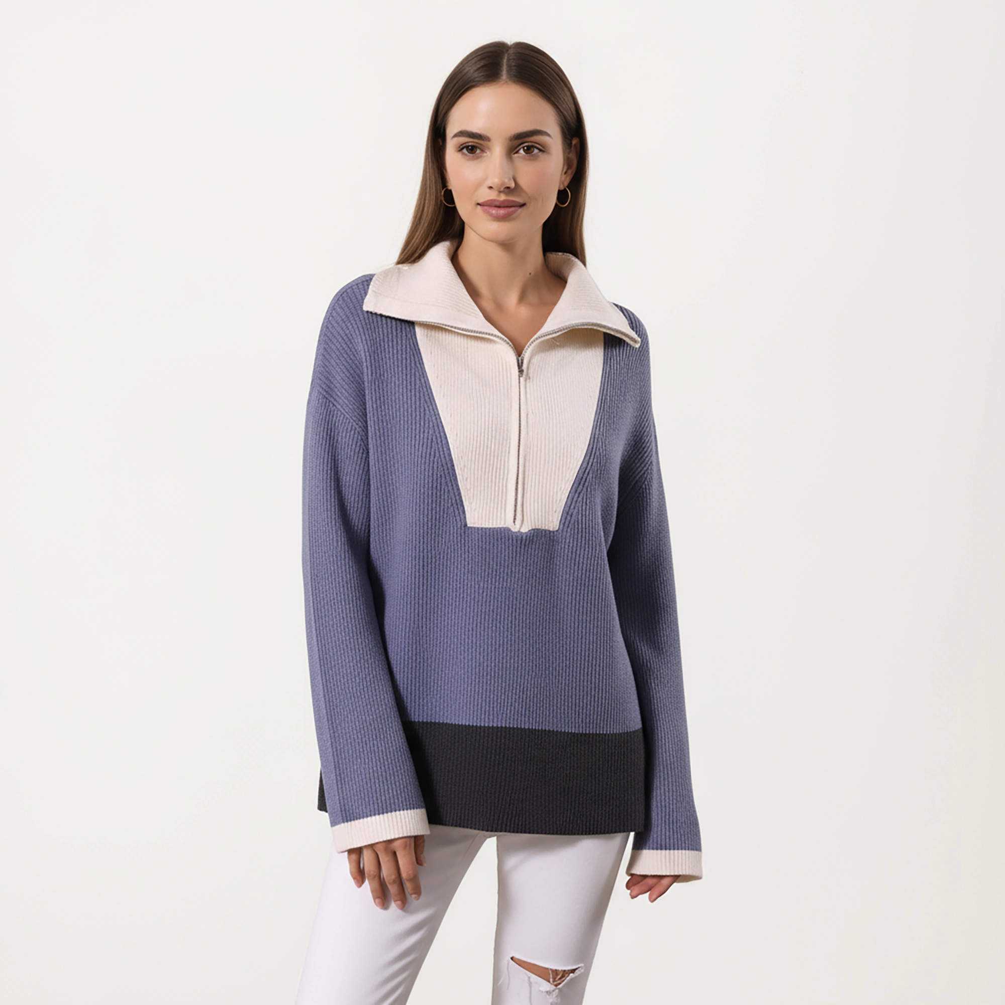 Anna-Kaci Women's Ribbed Half Zip Foldover Collar Contrast Hem Long Sleeve Knit Top