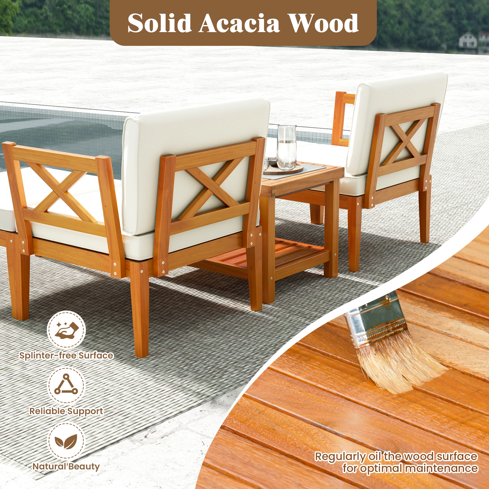 SUGIFT 5-Piece Off-White Acacia Wood Patio Chaise Lounge Set with Ottoman and 2-Tier Table